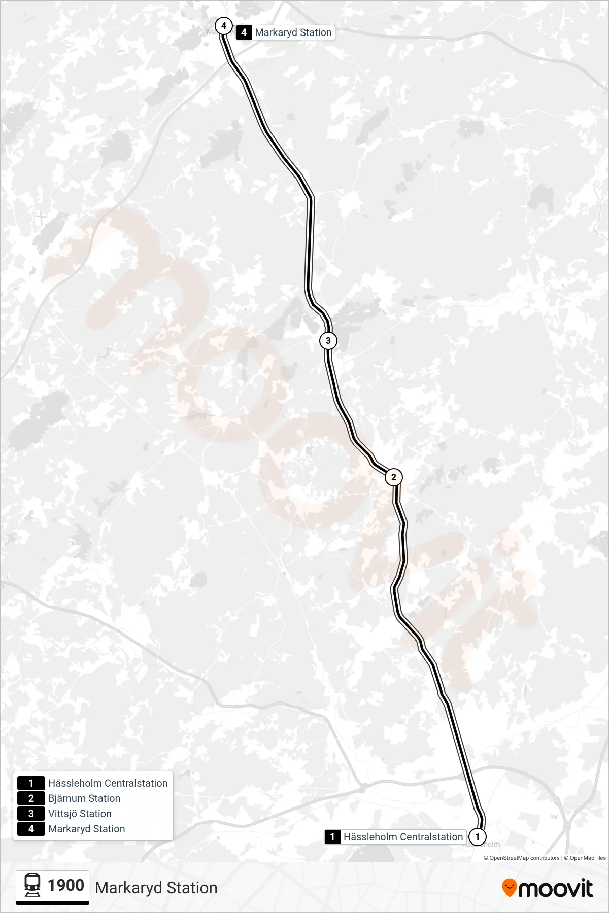 Rutt och hållplatser på karta för linje 1900 spårvagn, (Markaryd Station)