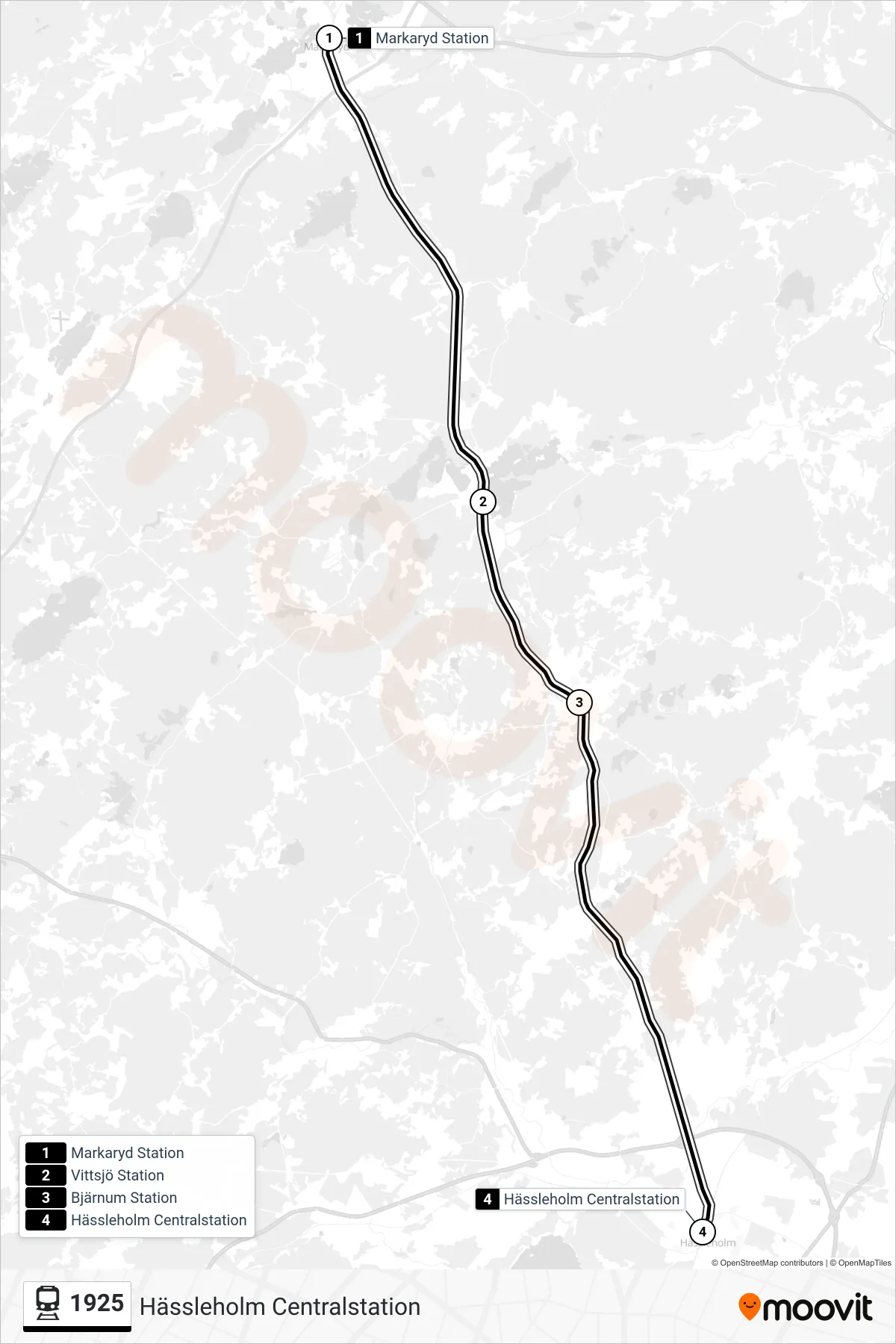 Rutt och hållplatser på karta för linje 1925 spårvagn, (Hässleholm Centralstation)