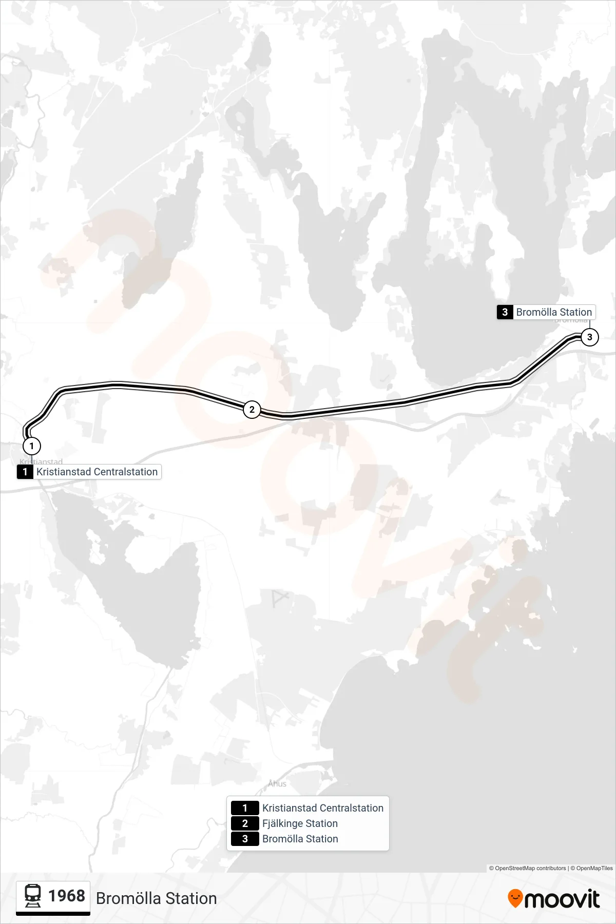 Rutt och hållplatser på karta för linje 1968  spårvagn, (Bromölla Station)