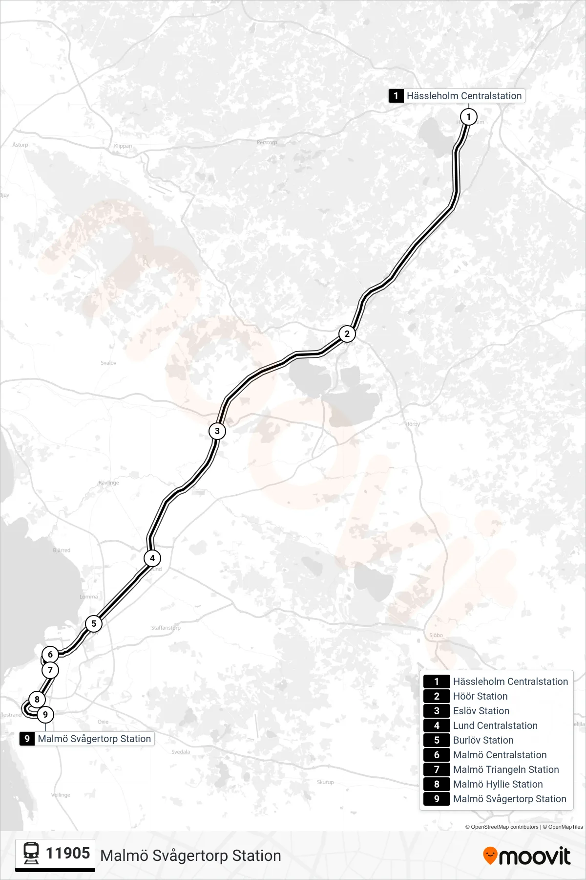 Rutt och hållplatser på karta för linje 11905  spårvagn, (Malmö Svågertorp Station)
