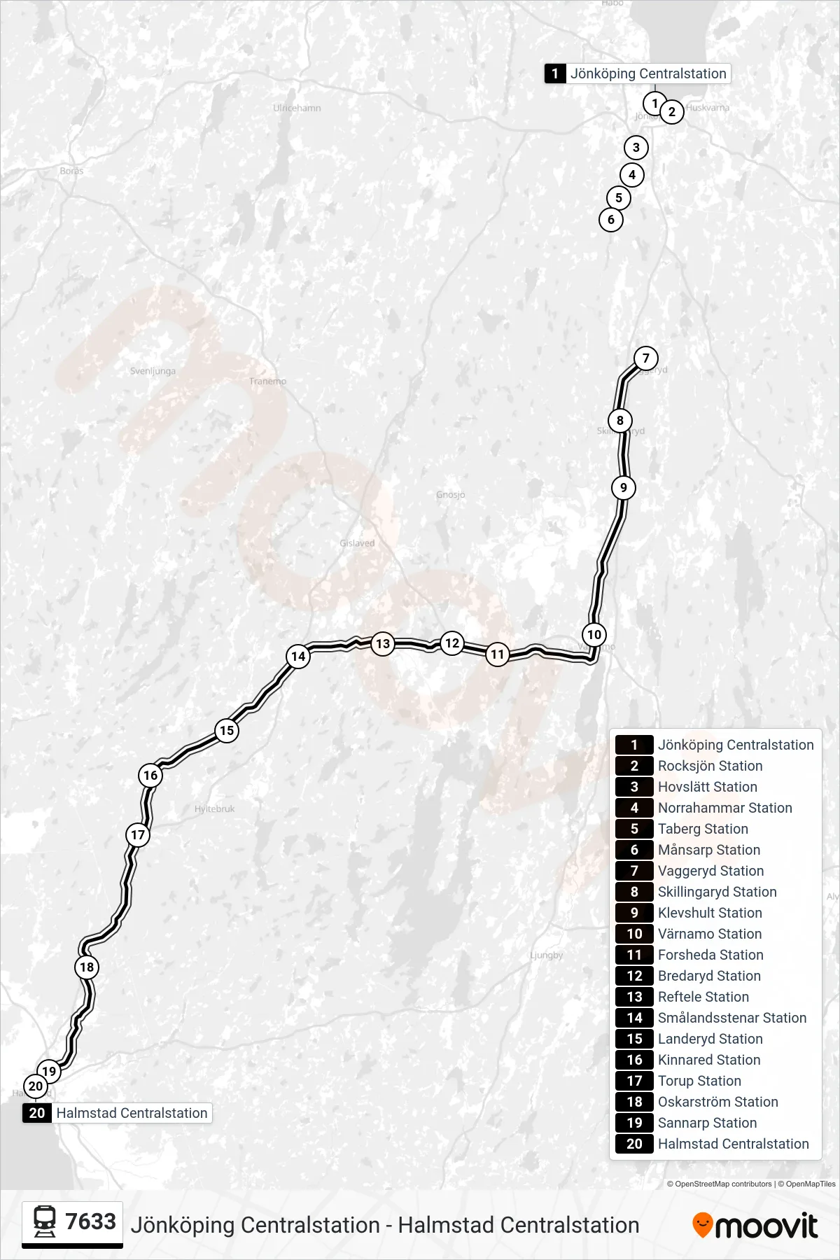 Rutt och hållplatser på karta för linje 7633 tåg, (Halmstad Centralstation)