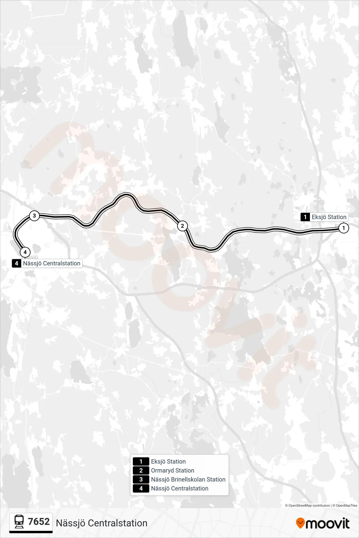 Rutt och hållplatser på karta för linje 7652  spårvagn, (Nässjö Centralstation)