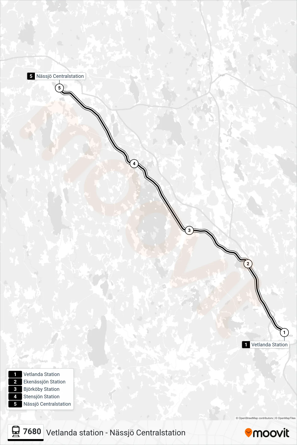 Rutt och hållplatser på karta för linje 7680  spårvagn, (Nässjö Centralstation)