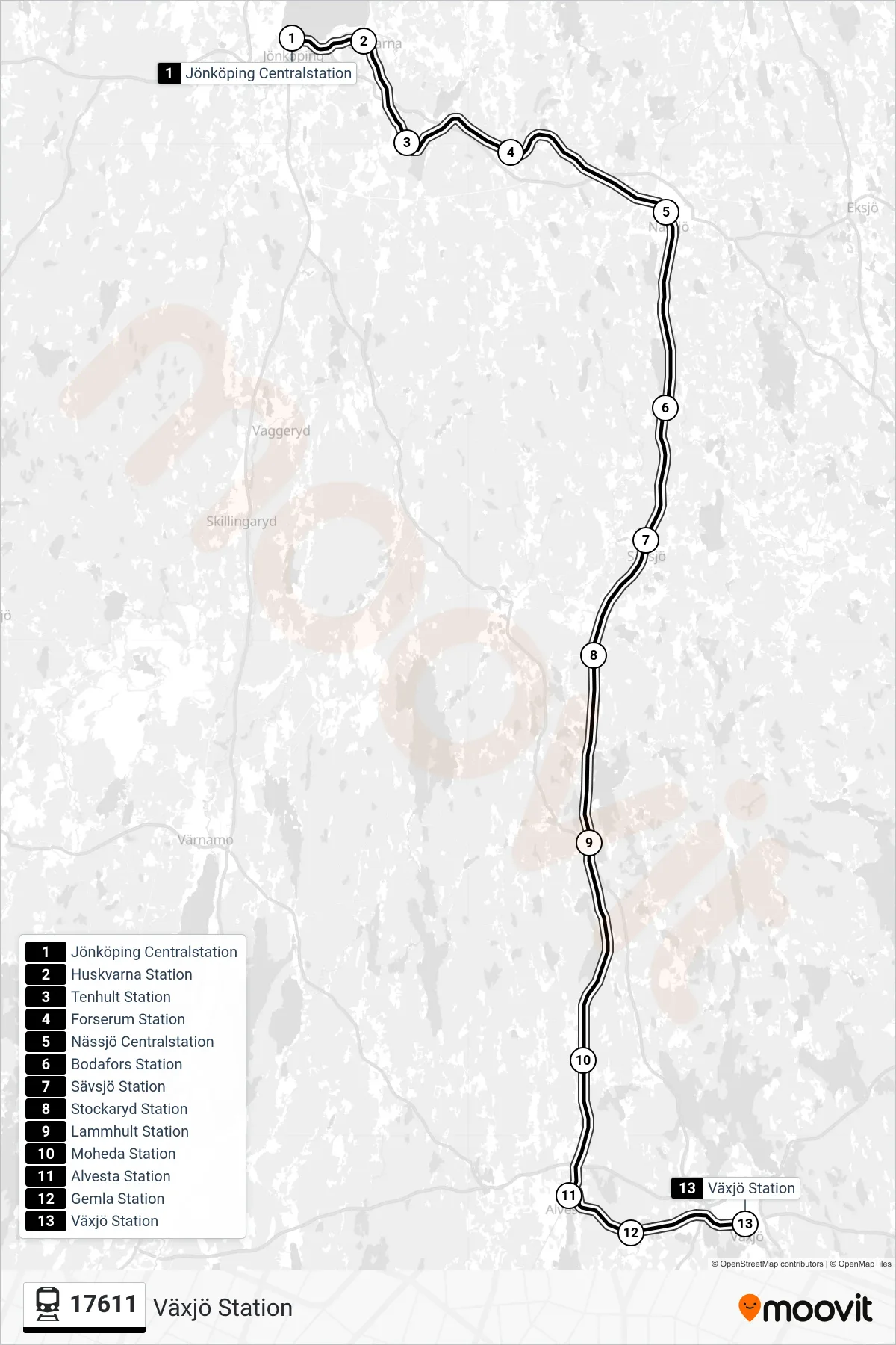 Rutt och hållplatser på karta för linje 17611 spårvagn, (Växjö Station)