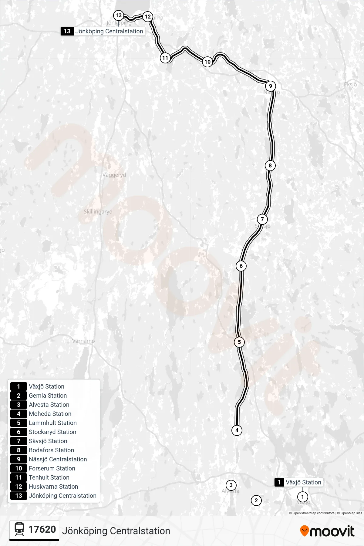 Rutt och hållplatser på karta för linje 17620 tåg, (Jönköping Centralstation)
