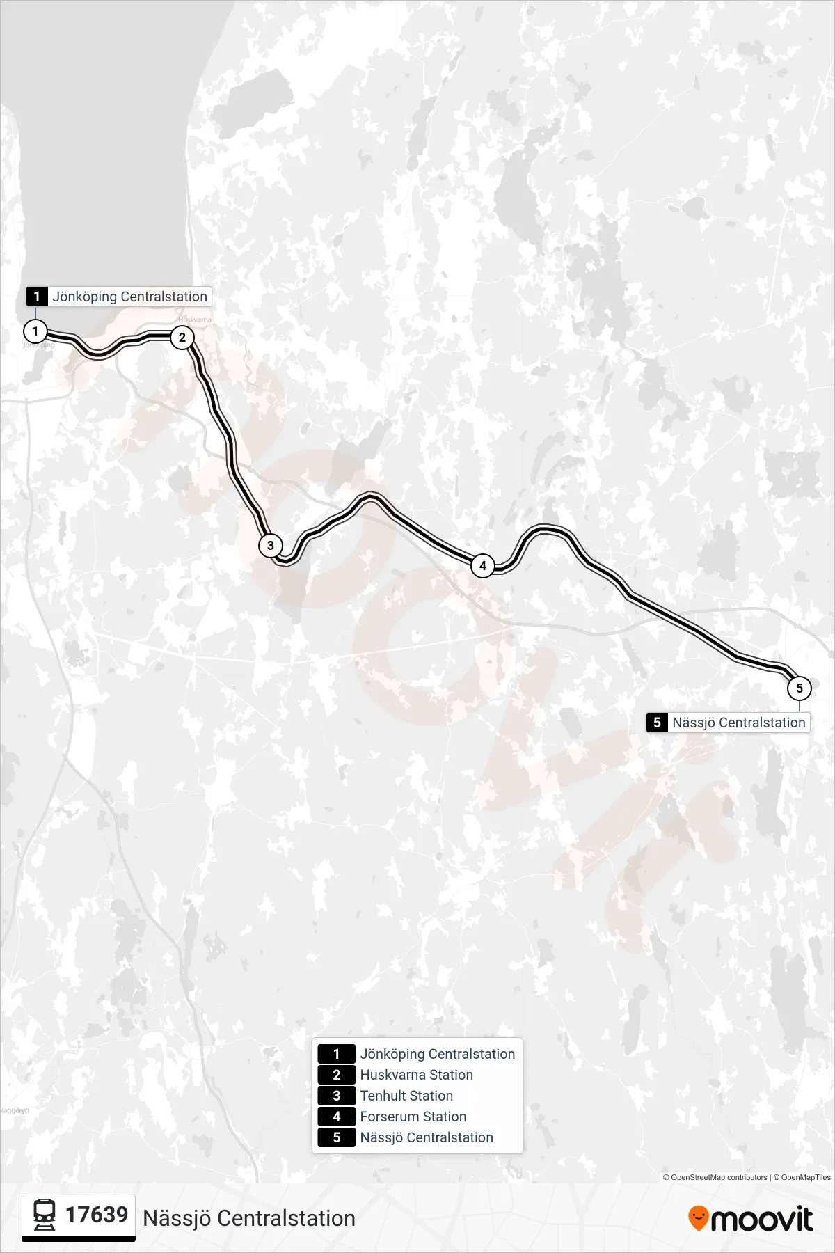 Rutt och hållplatser på karta för linje 17639  spårvagn, (Nässjö Centralstation)