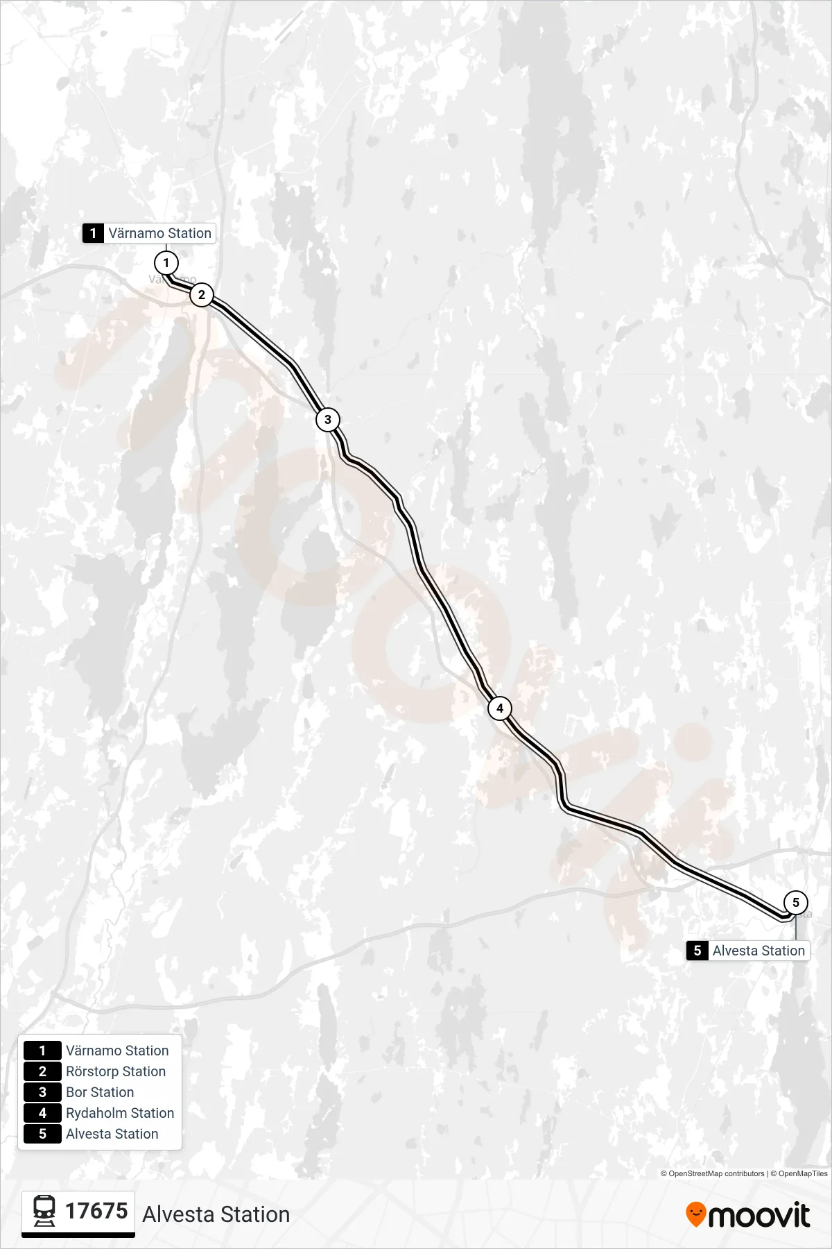 Rutt och hållplatser på karta för linje 17675 tåg, (Alvesta Station)