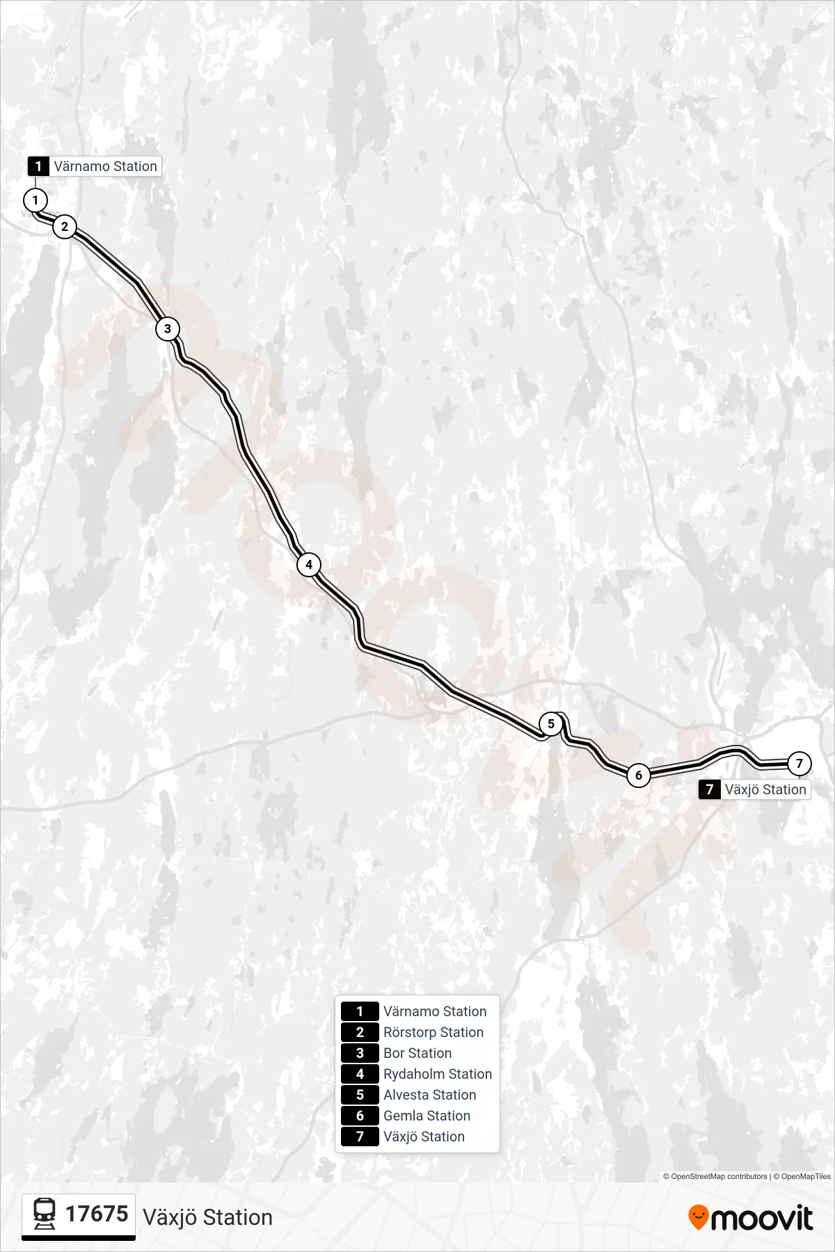 Rutt och hållplatser på karta för linje 17675 tåg, (Växjö Station)
