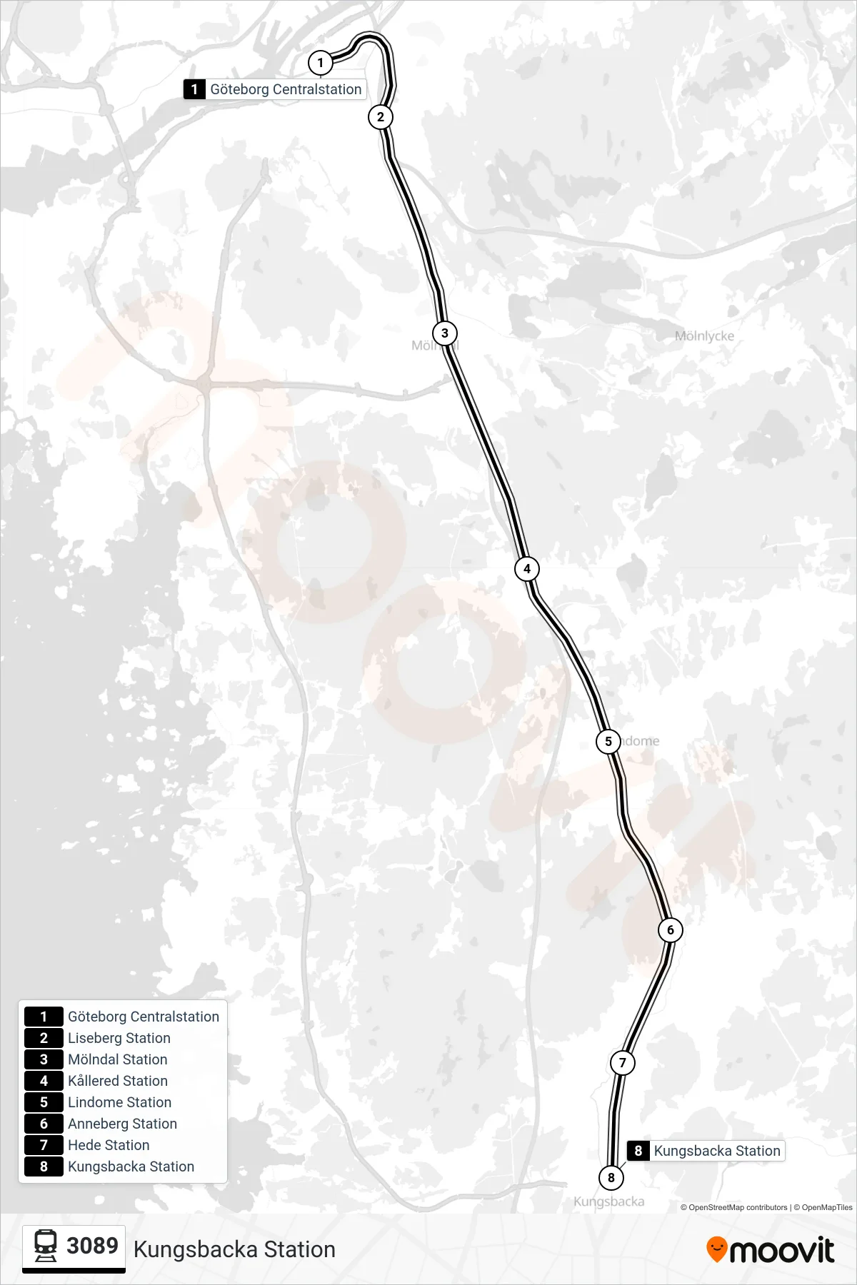 Rutt och hållplatser på karta för linje 3089 tåg, (Kungsbacka Station)