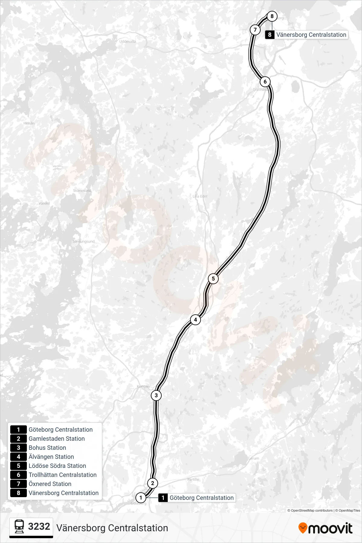 Rutt och hållplatser på karta för linje 3232 spårvagn, (Vänersborg Centralstation)