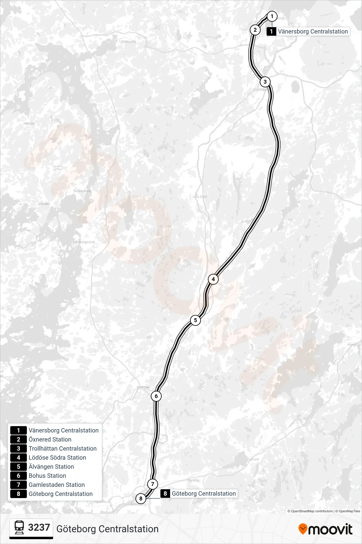Rutt och hållplatser på karta för linje 3237  spårvagn, (Göteborg Centralstation)