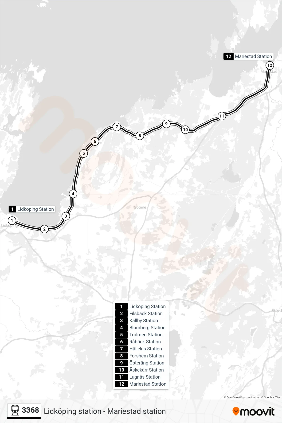 Rutt och hållplatser på karta för linje 3368 spårvagn, (Mariestad Station)