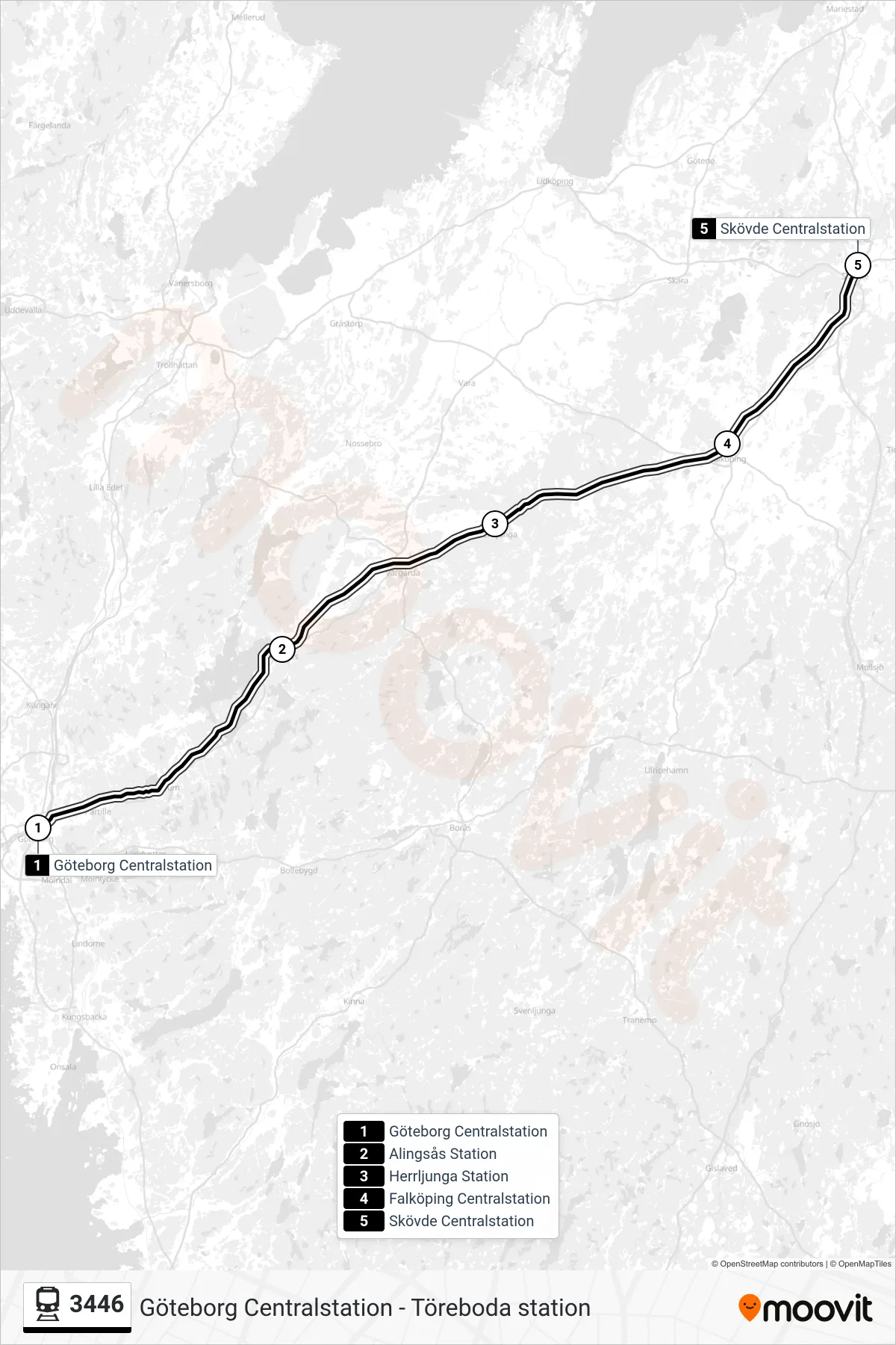Rutt och hållplatser på karta för linje 3446  spårvagn, (Skövde Centralstation)