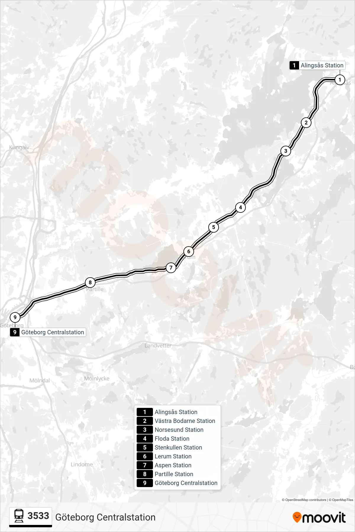 Rutt och hållplatser på karta för linje 3533 spårvagn, (Göteborg Centralstation)
