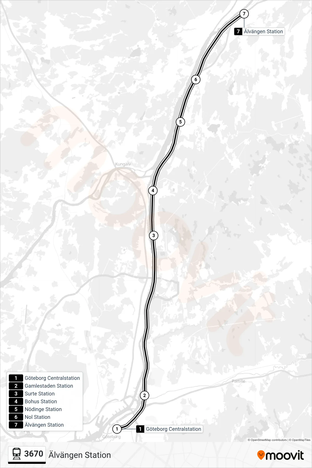 Rutt och hållplatser på karta för linje 3670 tåg, (Älvängen Station)