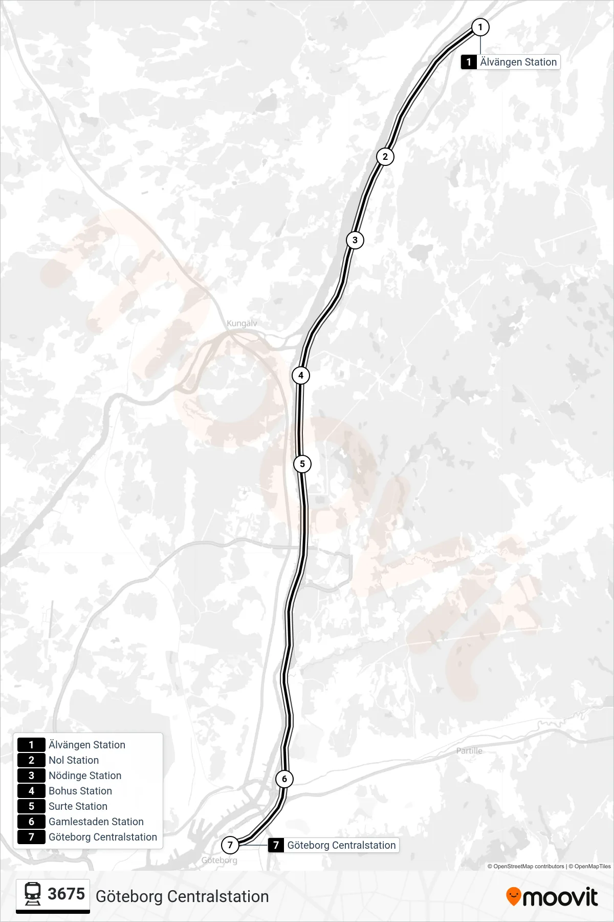 Rutt och hållplatser på karta för linje 3675 spårvagn, (Göteborg Centralstation)