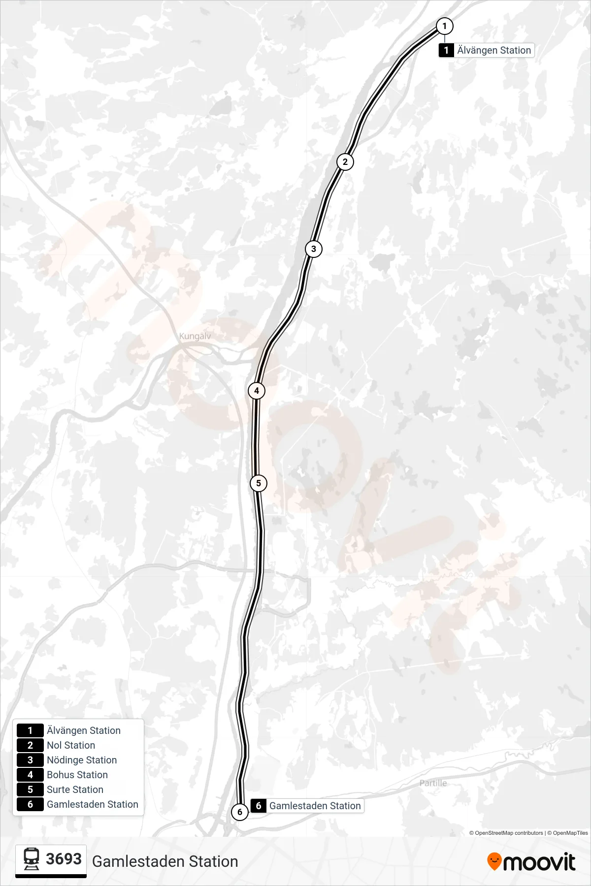 Rutt och hållplatser på karta för linje 3693 spårvagn, (Gamlestaden Station)