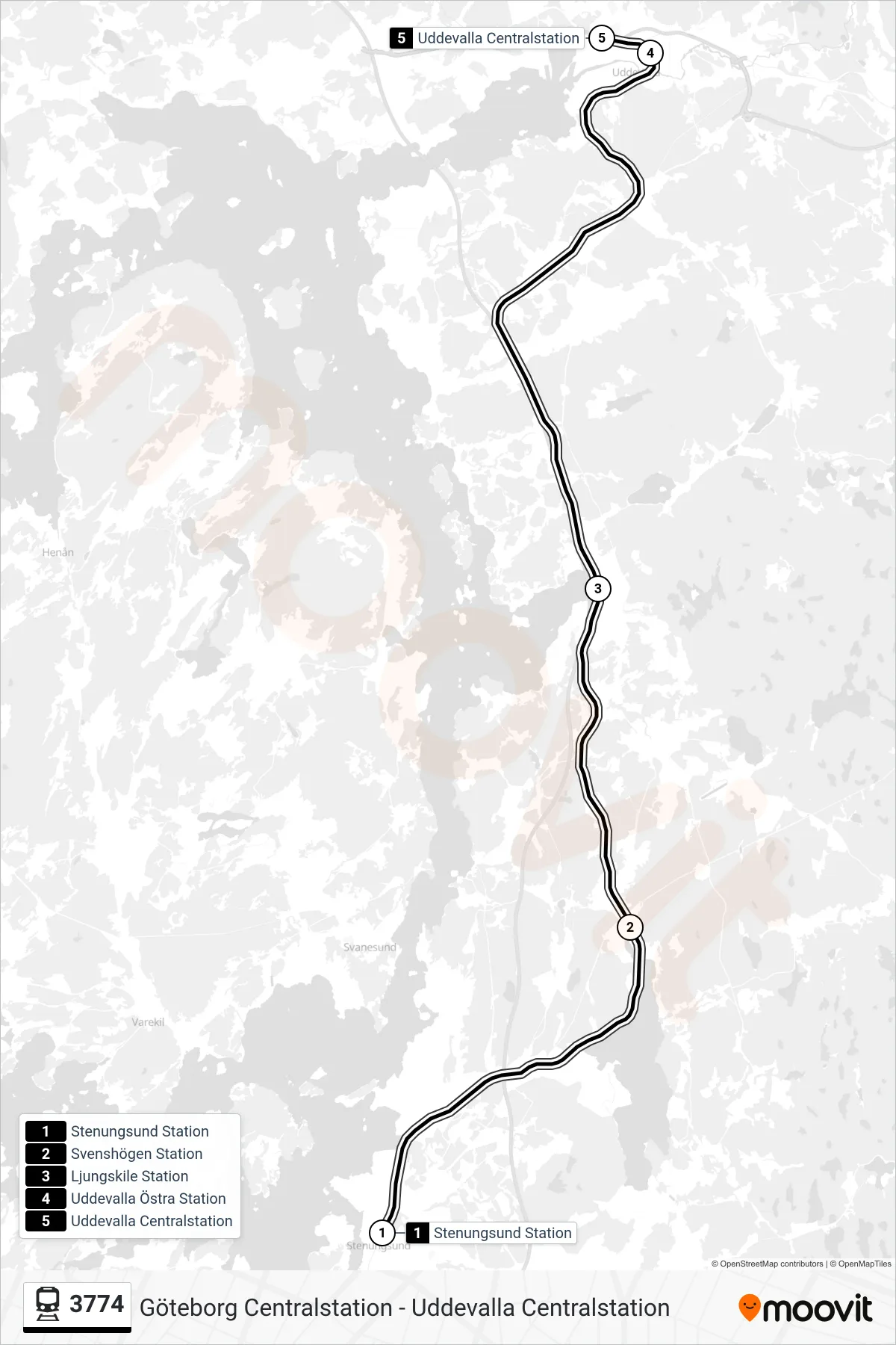 Rutt och hållplatser på karta för linje 3774 spårvagn, (Uddevalla Centralstation)