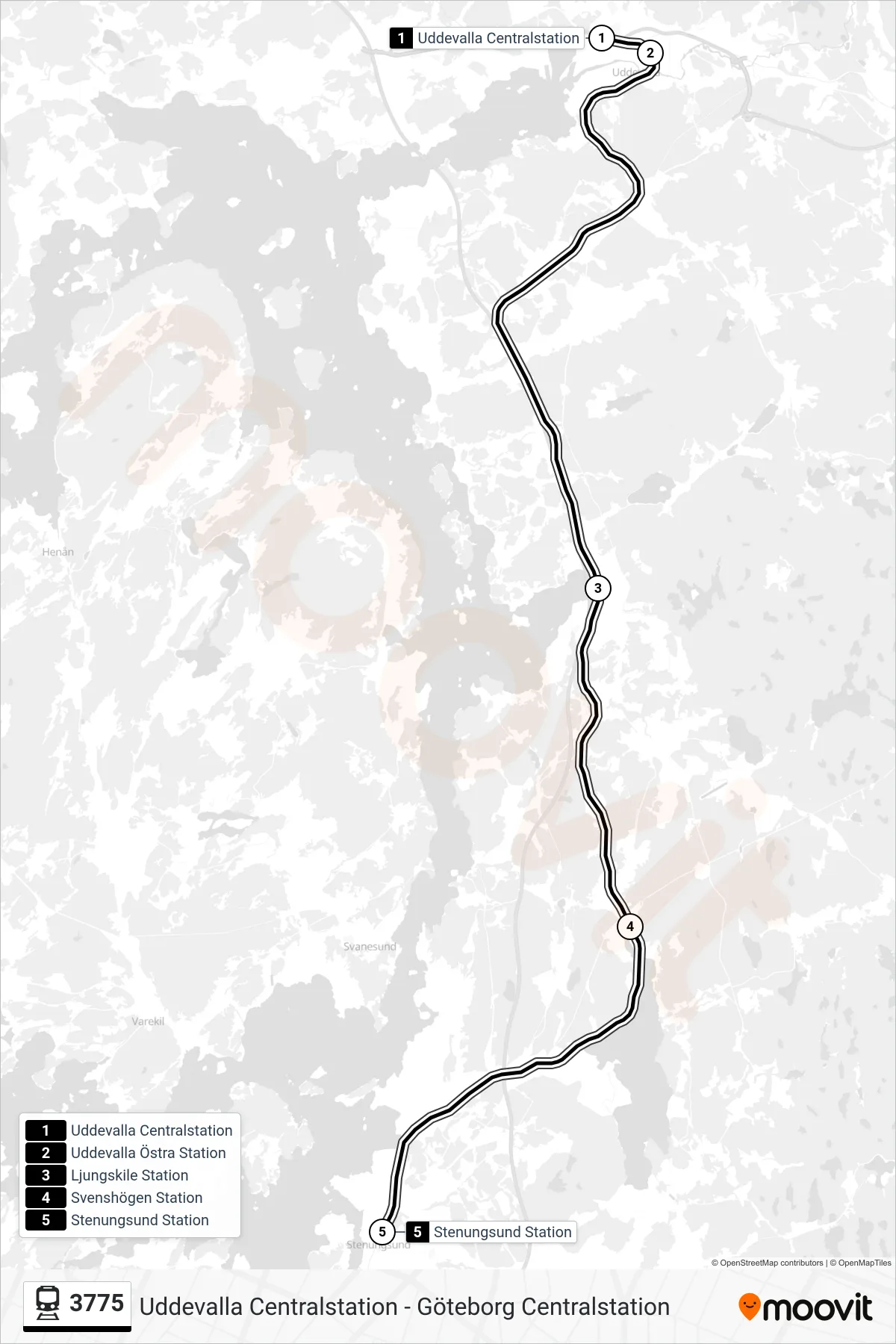 Rutt och hållplatser på karta för linje 3775  spårvagn, (Stenungsund Station)