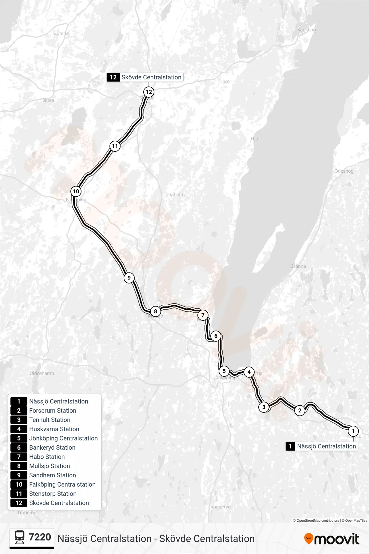 Rutt och hållplatser på karta för linje 7220 spårvagn, (Skövde Centralstation)