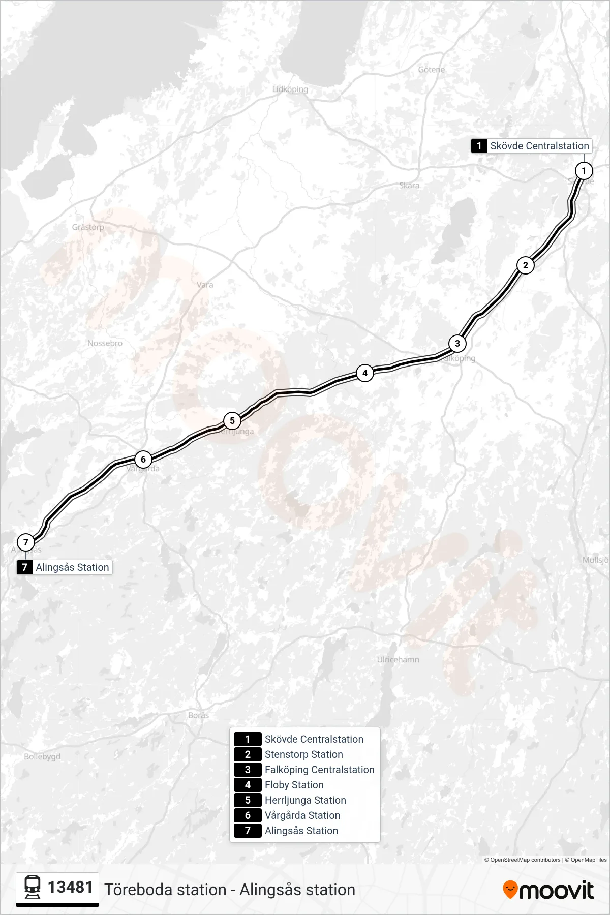 Rutt och hållplatser på karta för linje 13481  tåg, (Alingsås Station)
