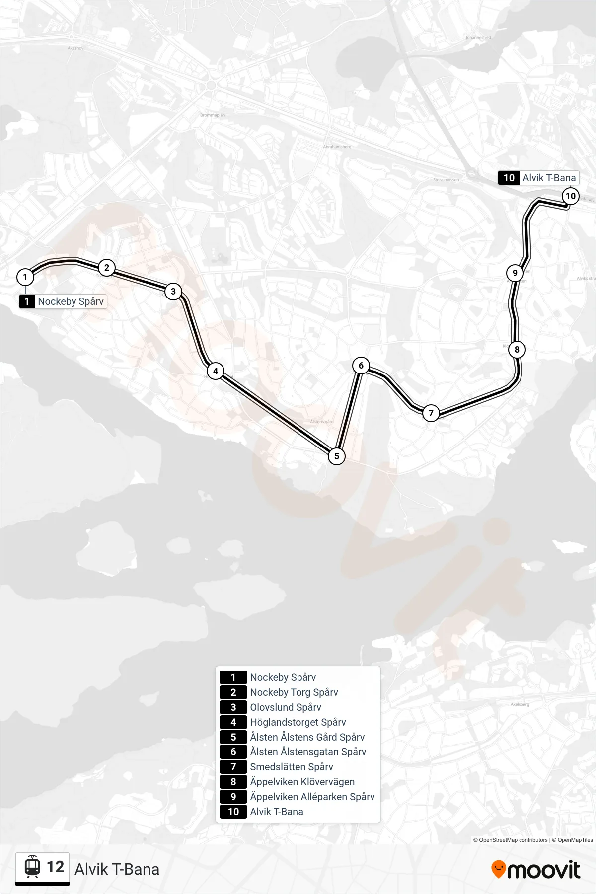 Rutt och hållplatser på karta för linje 12 spårvagn, (Alvik T-Bana)
