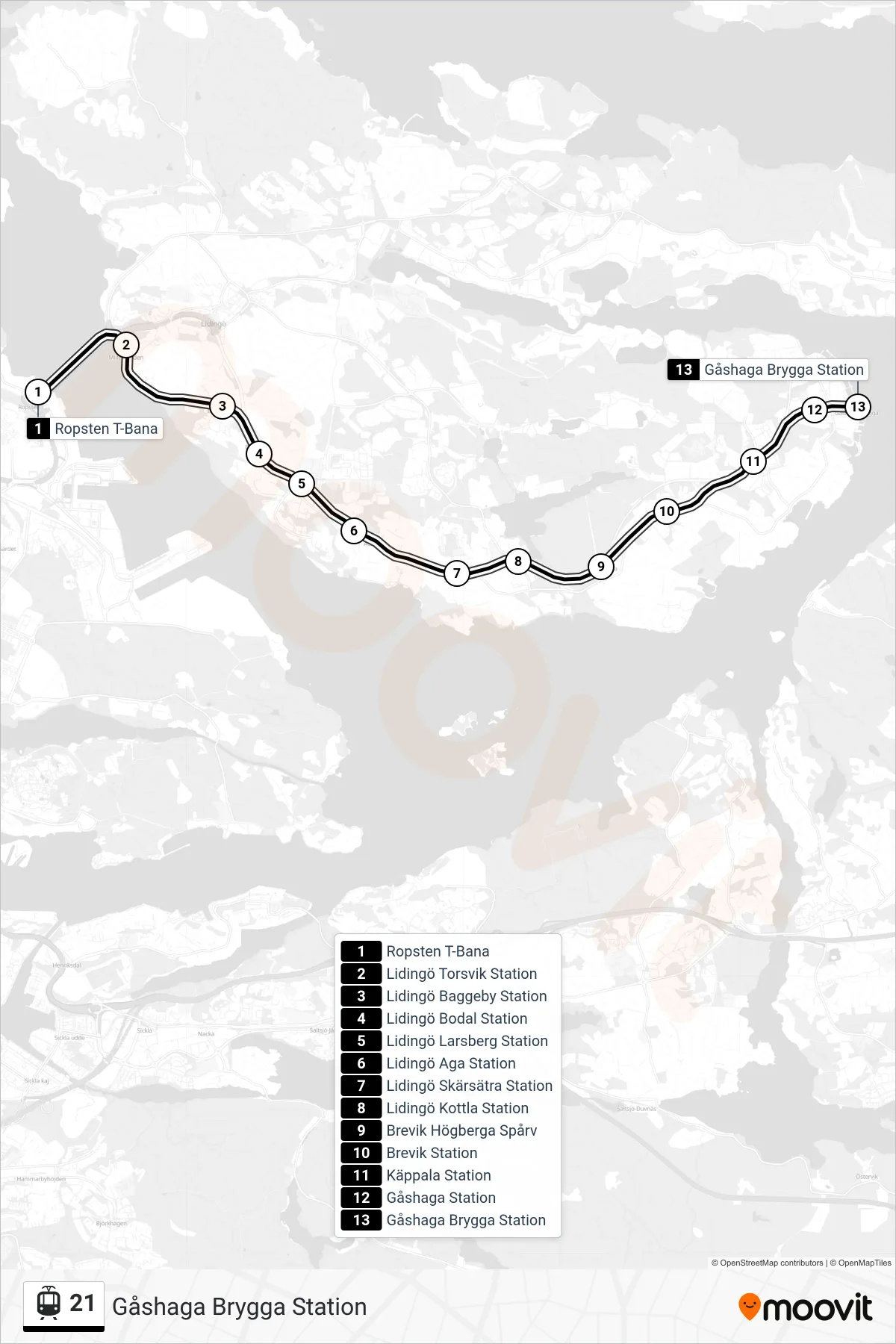 Rutt och hållplatser på karta för linje 21  spårväg, (Gåshaga Brygga Station)