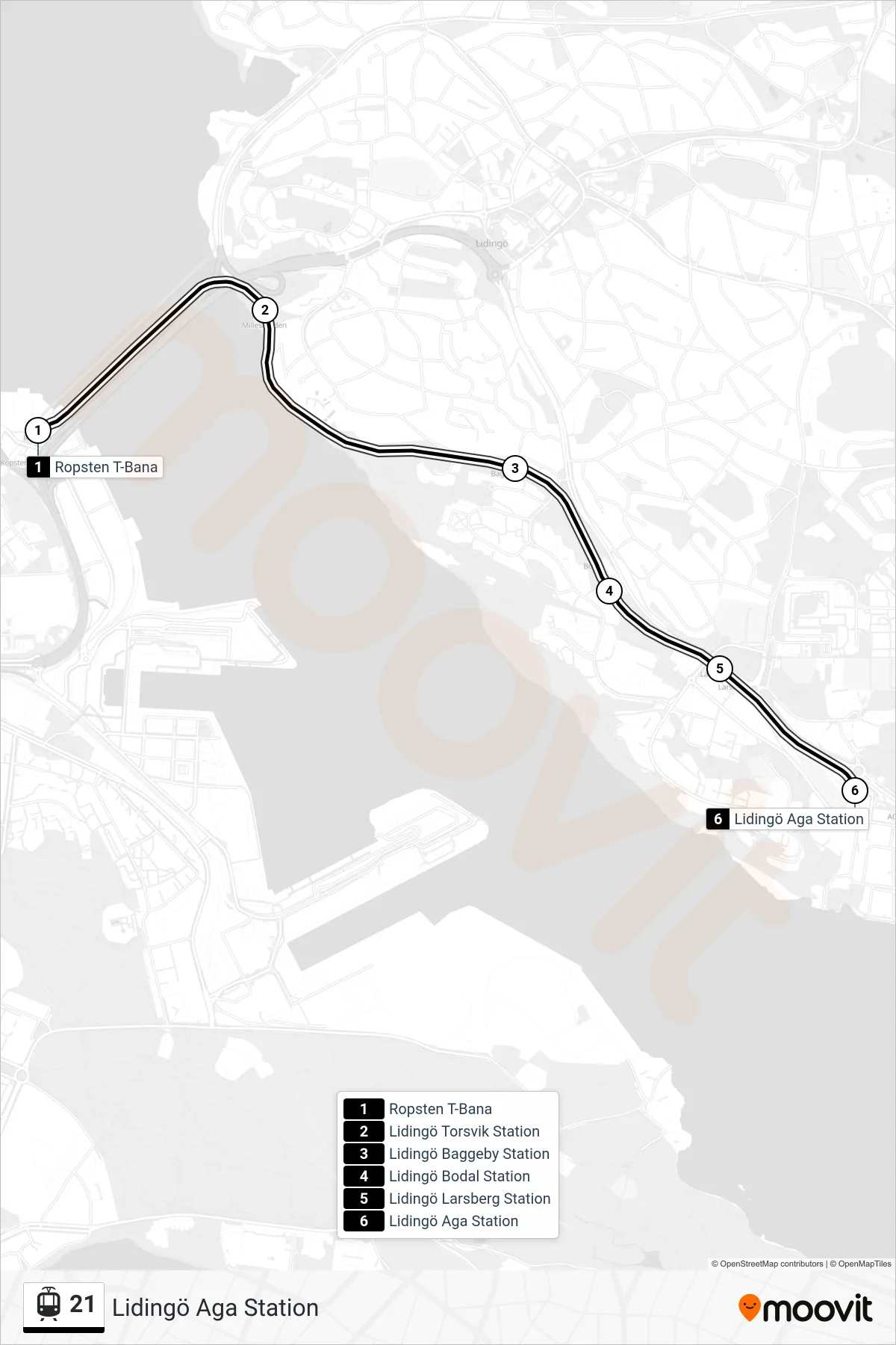 Rutt och hållplatser på karta för linje 21 spårväg, (Lidingö Aga Station)