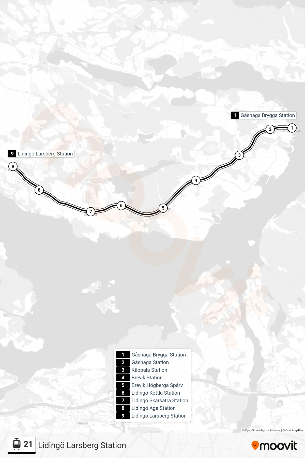 Rutt och hållplatser på karta för linje 21 spårväg, (Lidingö Larsberg Station)