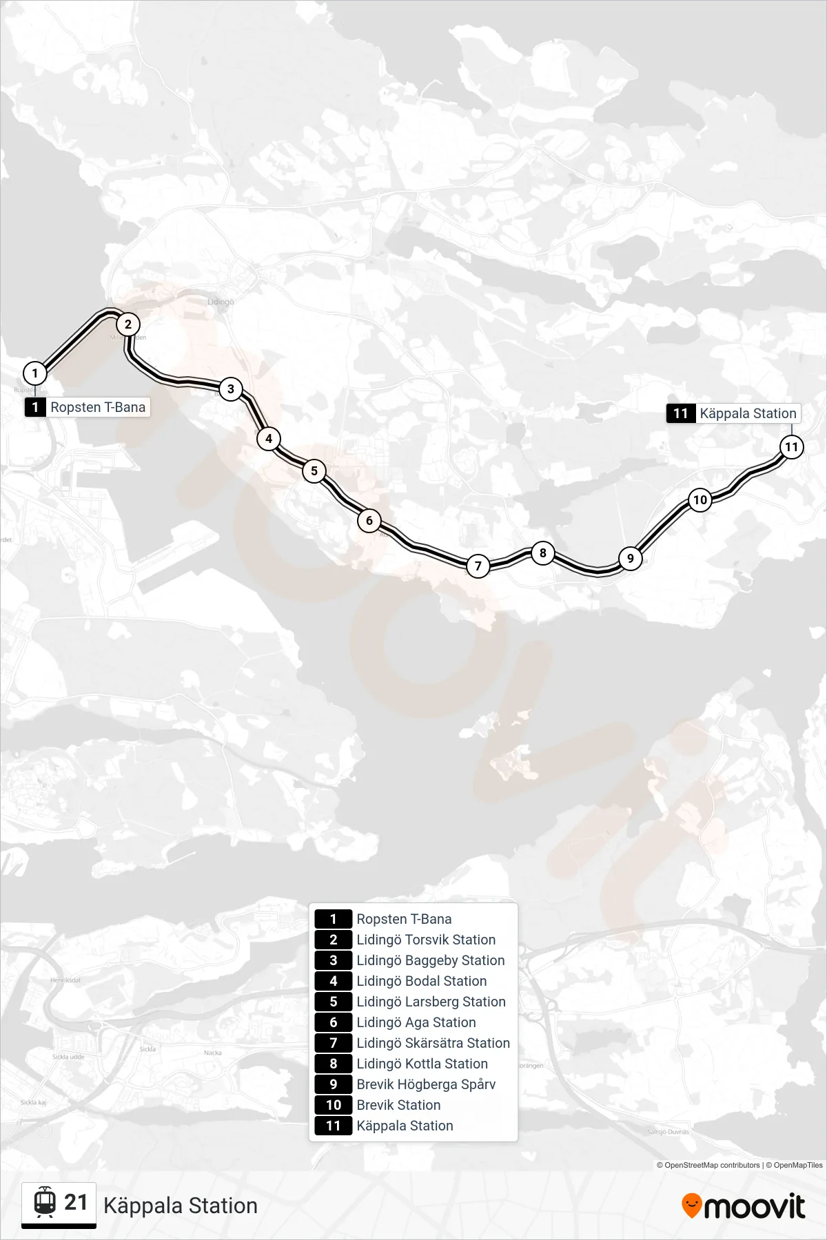 Rutt och hållplatser på karta för linje 21 spårväg, (Käppala Station)