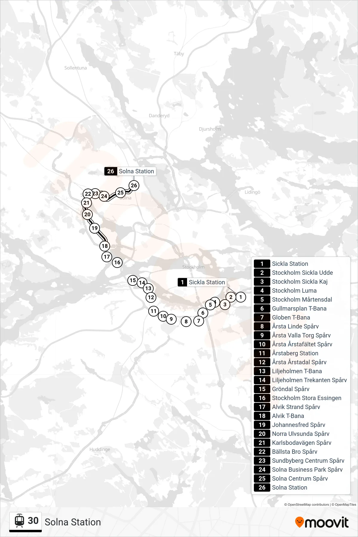 Rutt och hållplatser på karta för linje 30 spårväg, (Solna Station)
