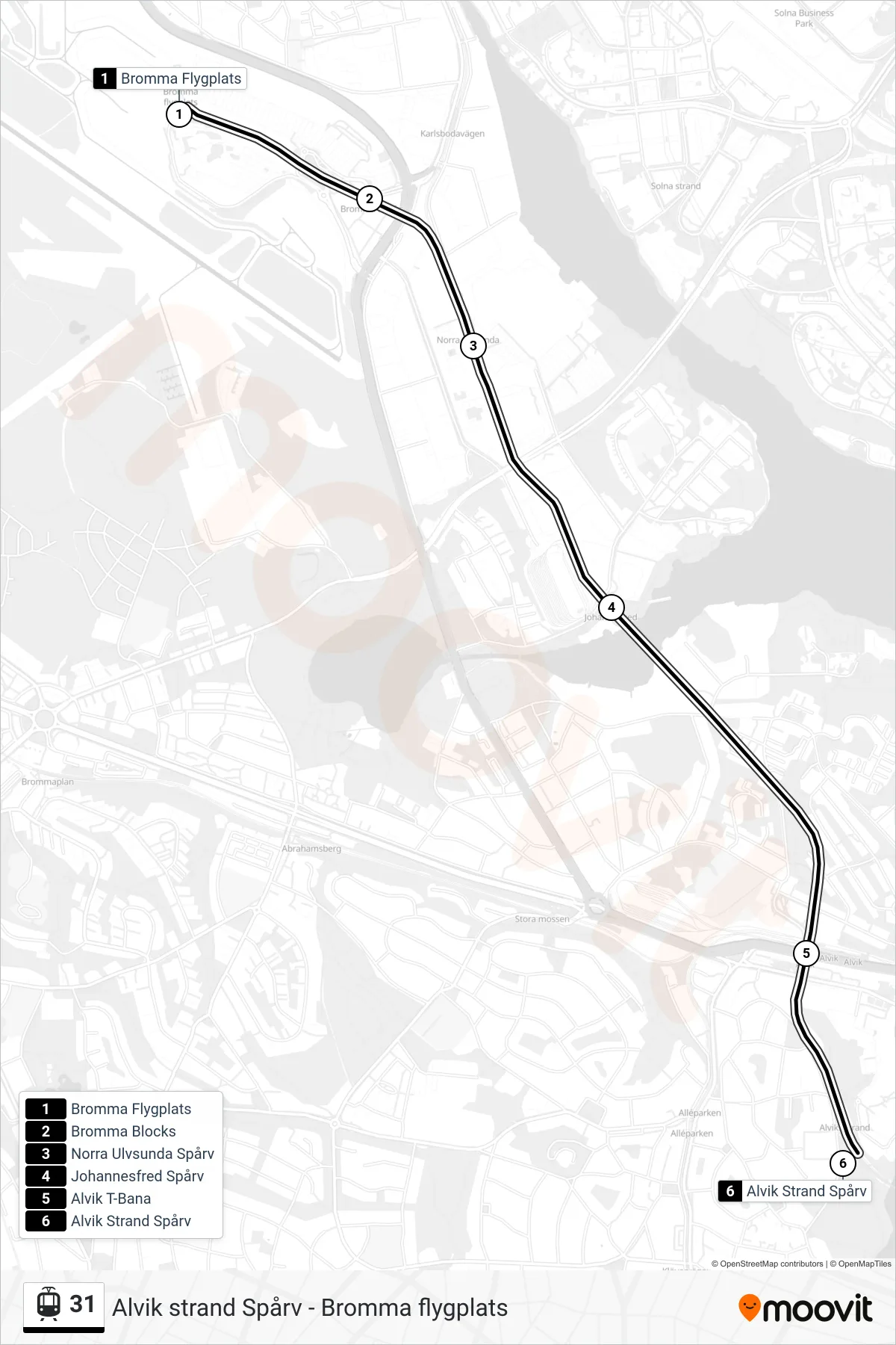 Rutt och hållplatser på karta för linje 31  spårväg, (Alvik Strand Spårv)
