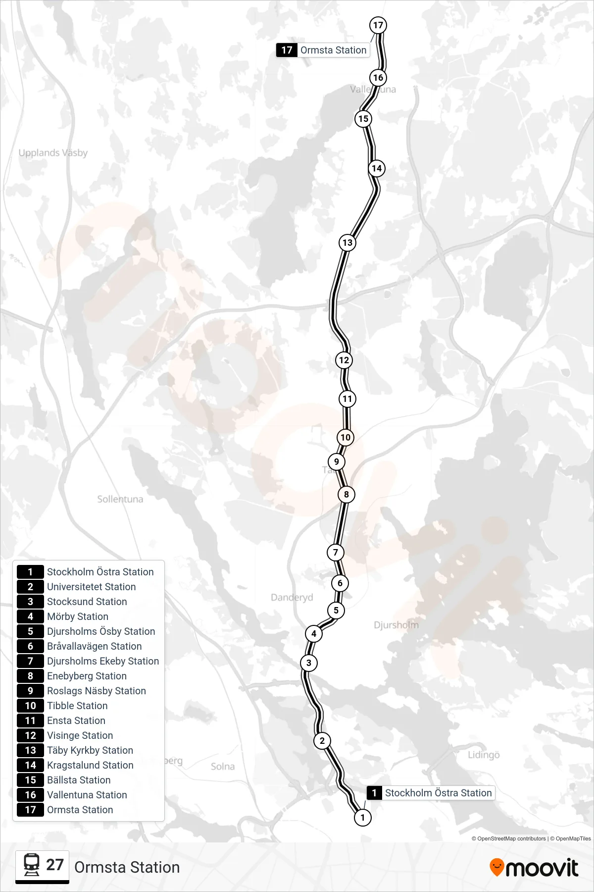 Rutt och hållplatser på karta för linje 27  tåg, (Ormsta Station)