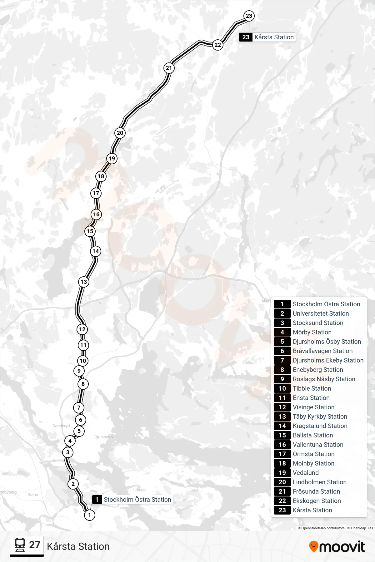 Rutt och hållplatser på karta för linje 27 tåg, (Kårsta Station)