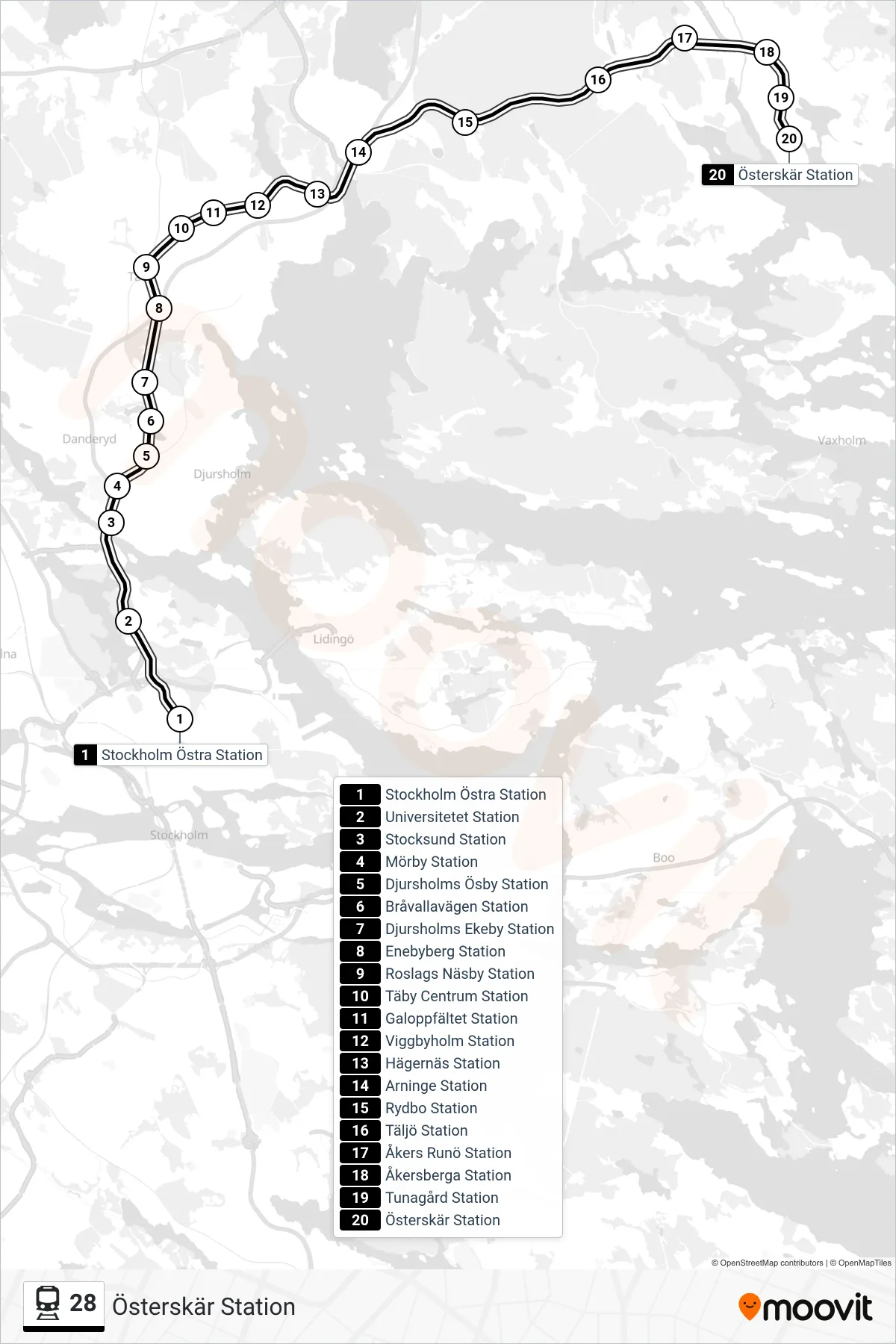Rutt och hållplatser på karta för linje 28 tåg, (Österskär Station)