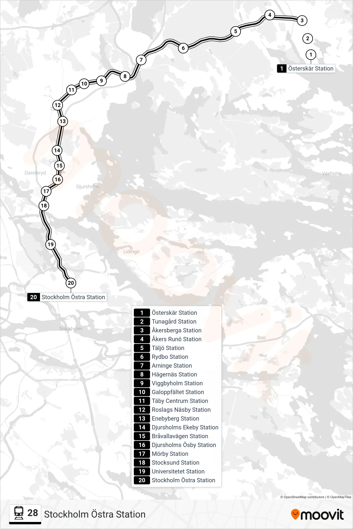 Rutt och hållplatser på karta för linje 28  tåg, (Stockholm Östra Station)