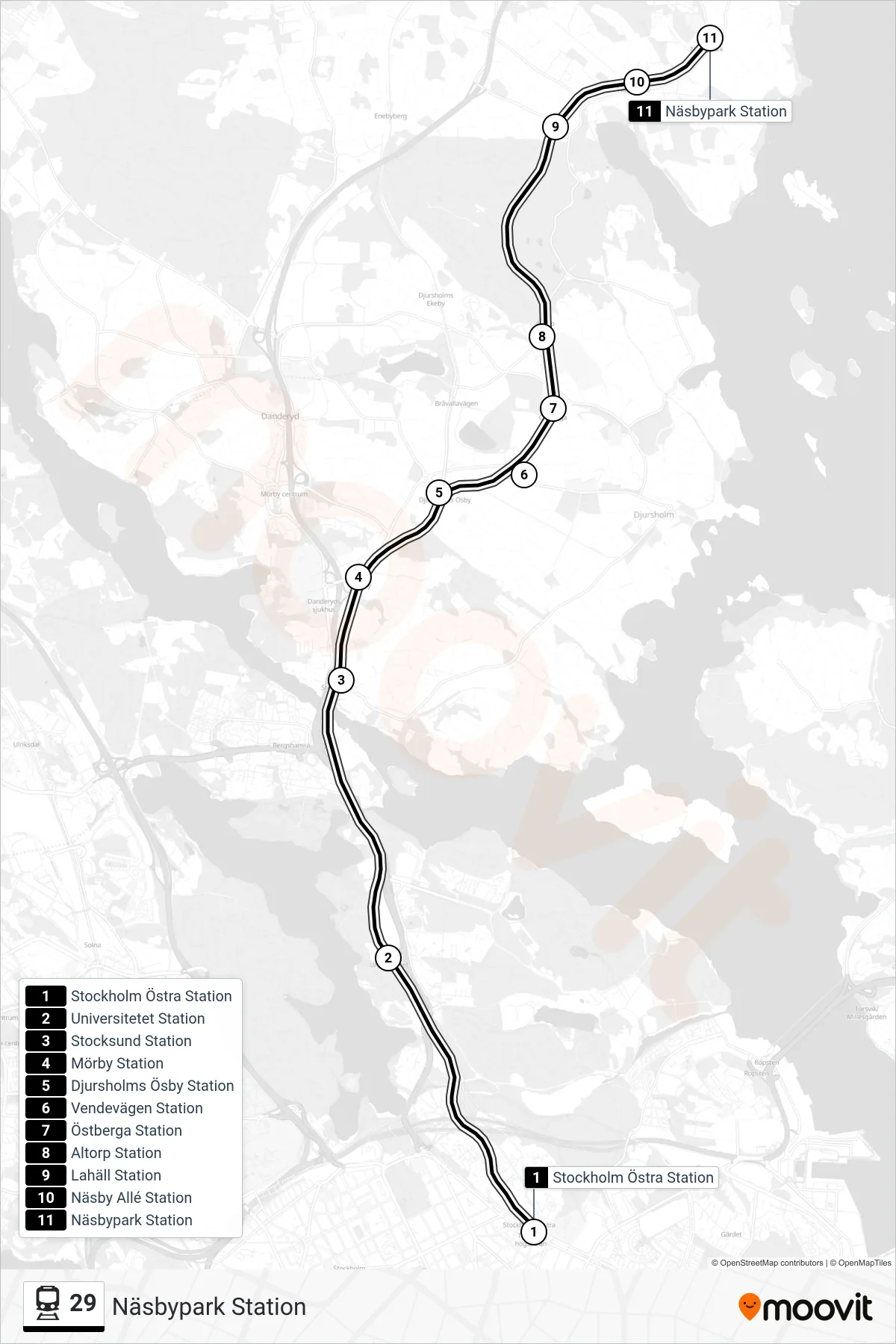 Rutt och hållplatser på karta för linje 29  tåg, (Näsbypark Station)