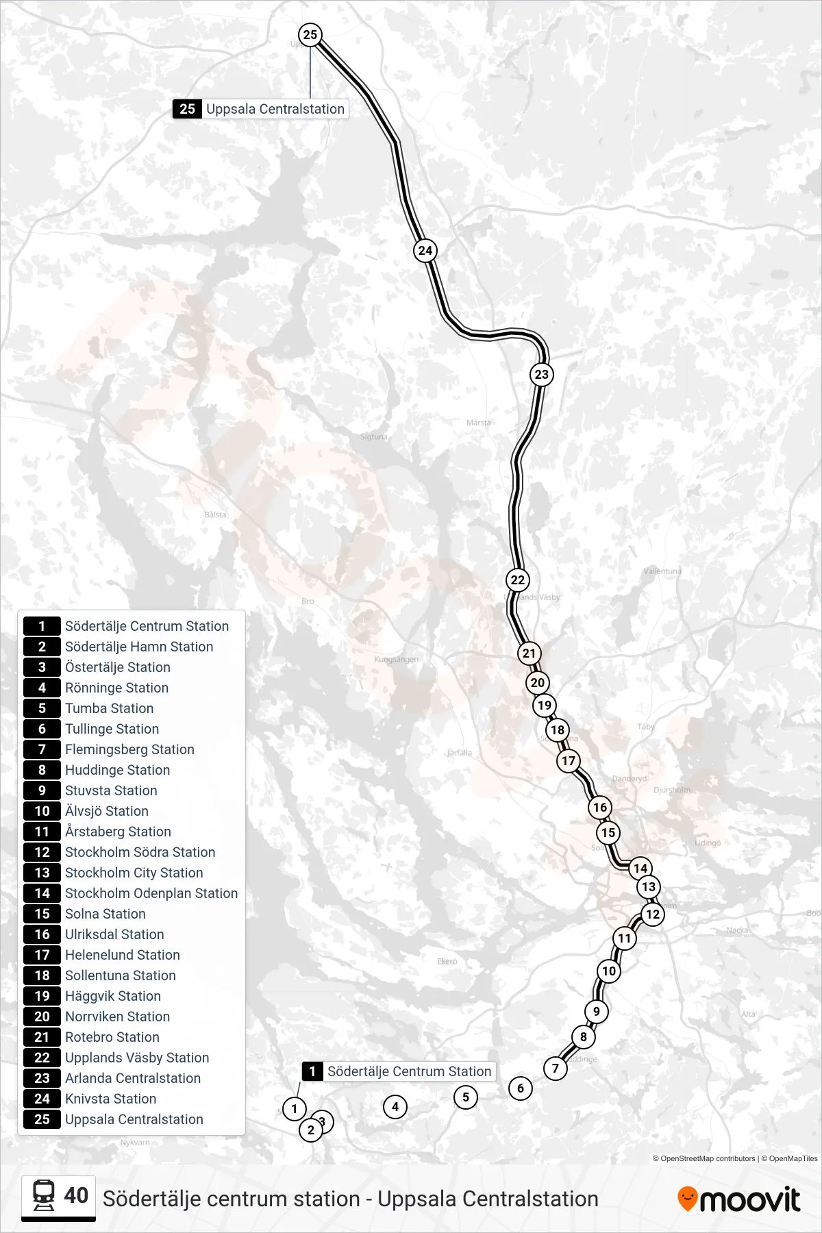 Rutt och hållplatser på karta för linje 40 tåg, (Uppsala Centralstation)