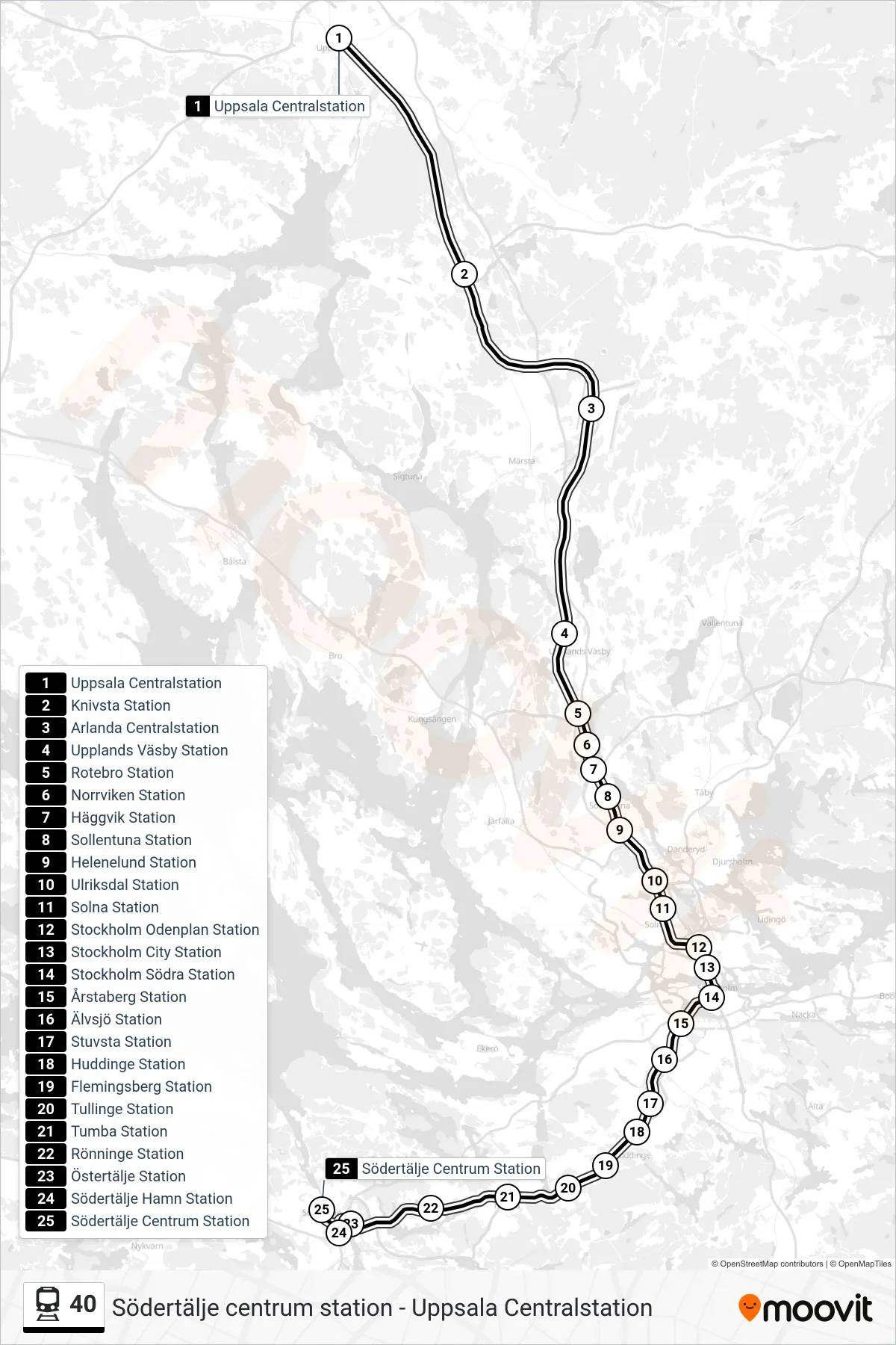 Rutt och hållplatser på karta för linje 40 tåg, (Södertälje Centrum Station)
