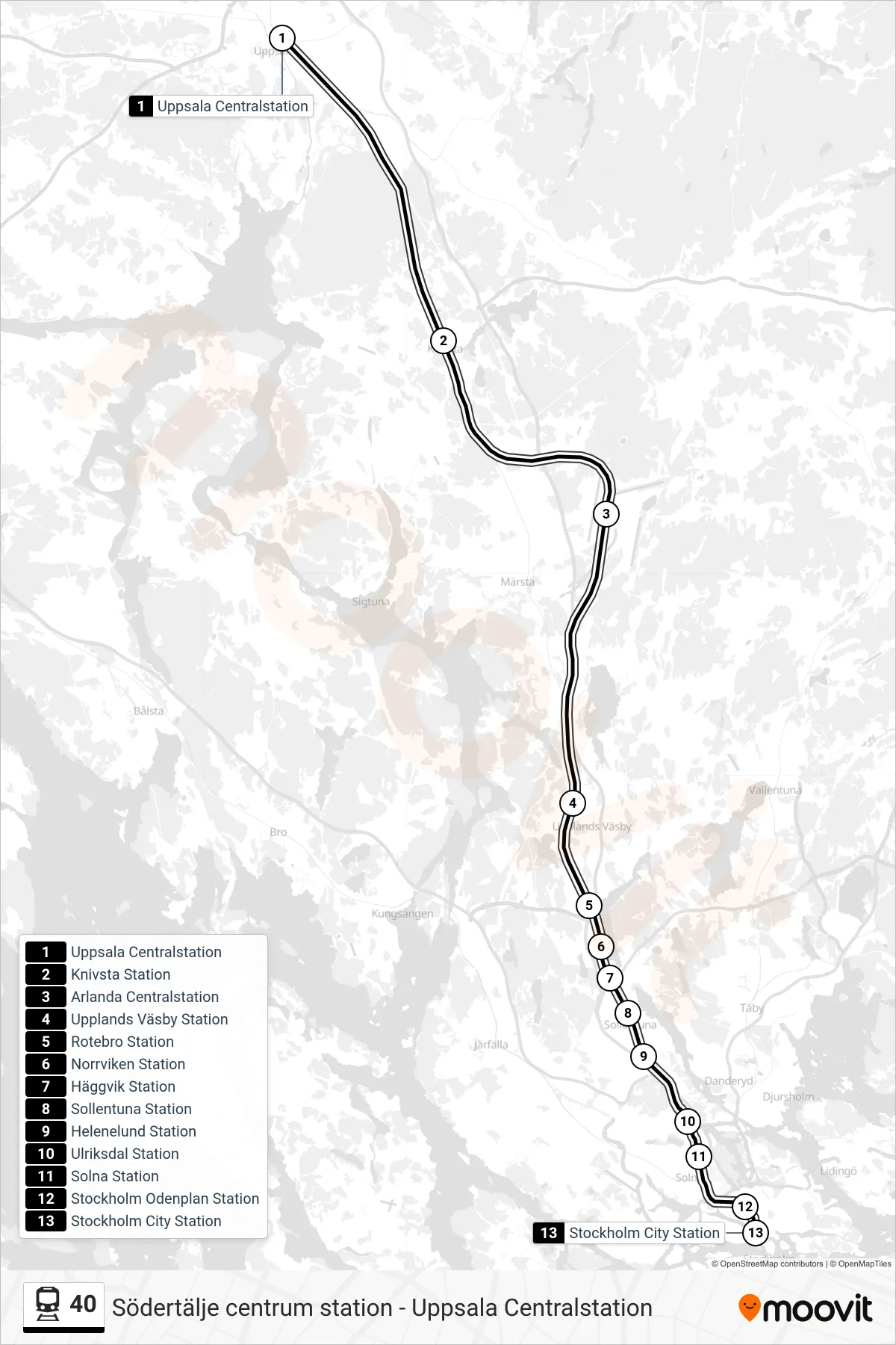 Rutt och hållplatser på karta för linje 40  tåg, (Stockholm City Station)