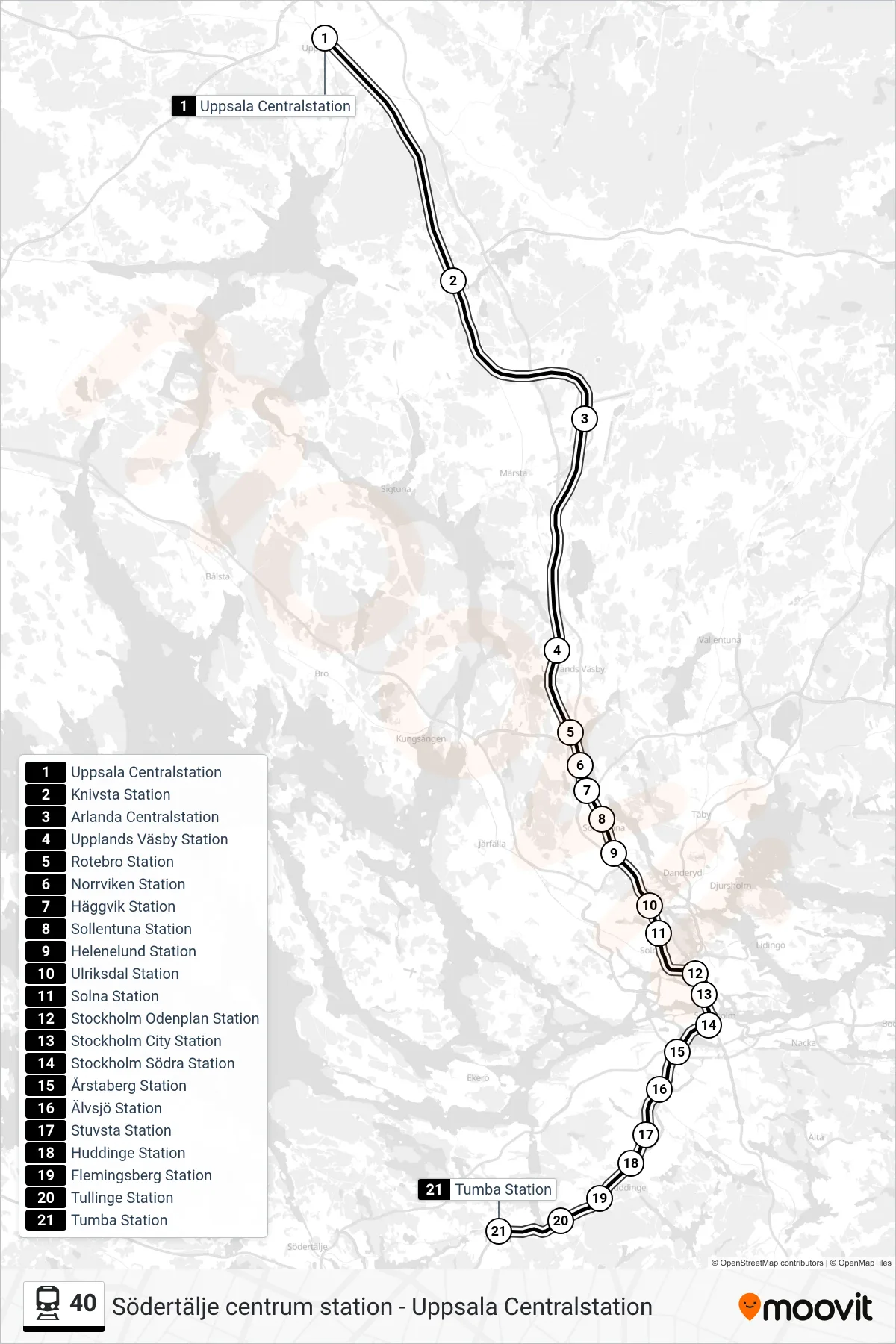 Rutt och hållplatser på karta för linje 40 tåg, (Tumba Station)