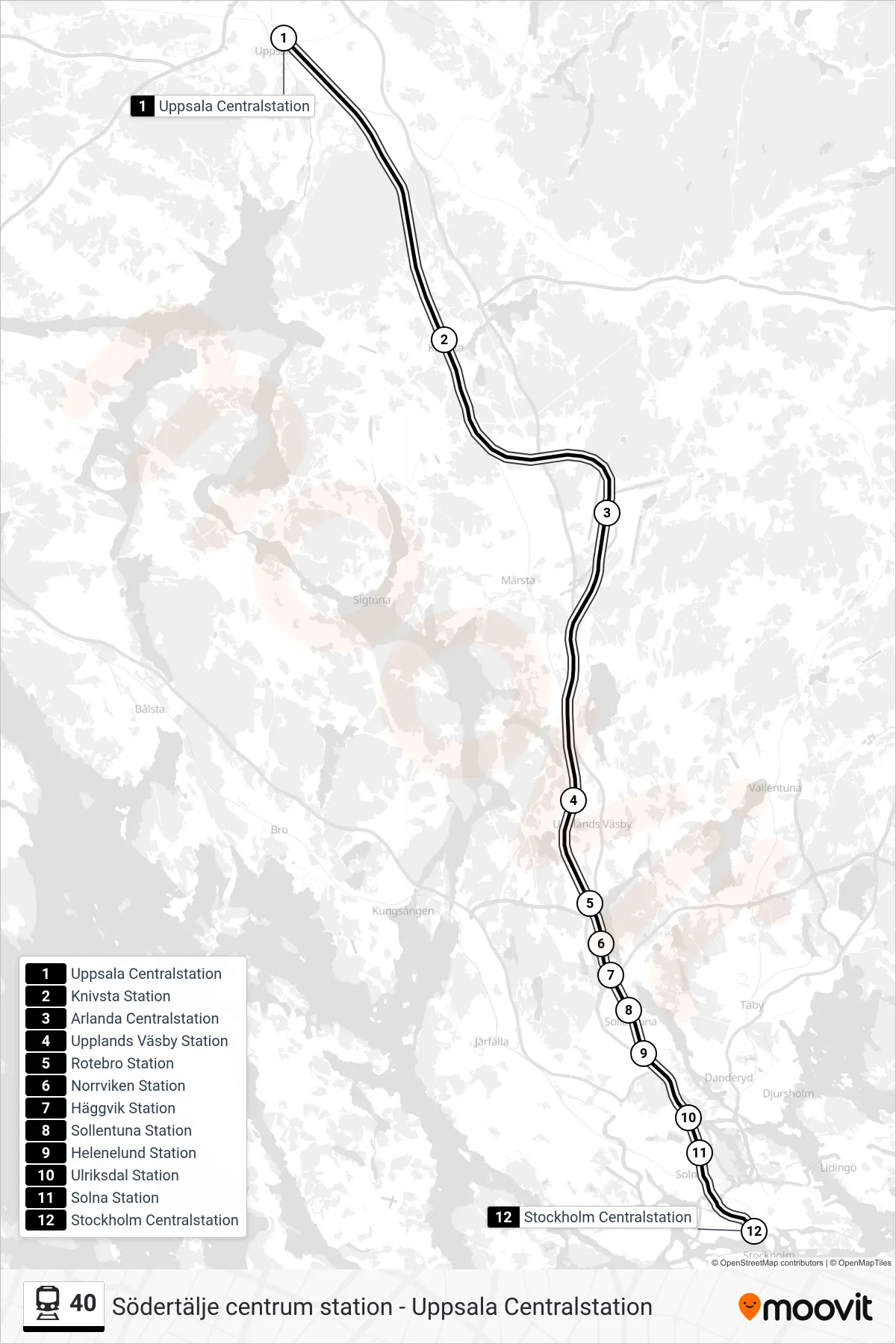 Rutt och hållplatser på karta för linje 40  tåg, (Stockholm Centralstation)
