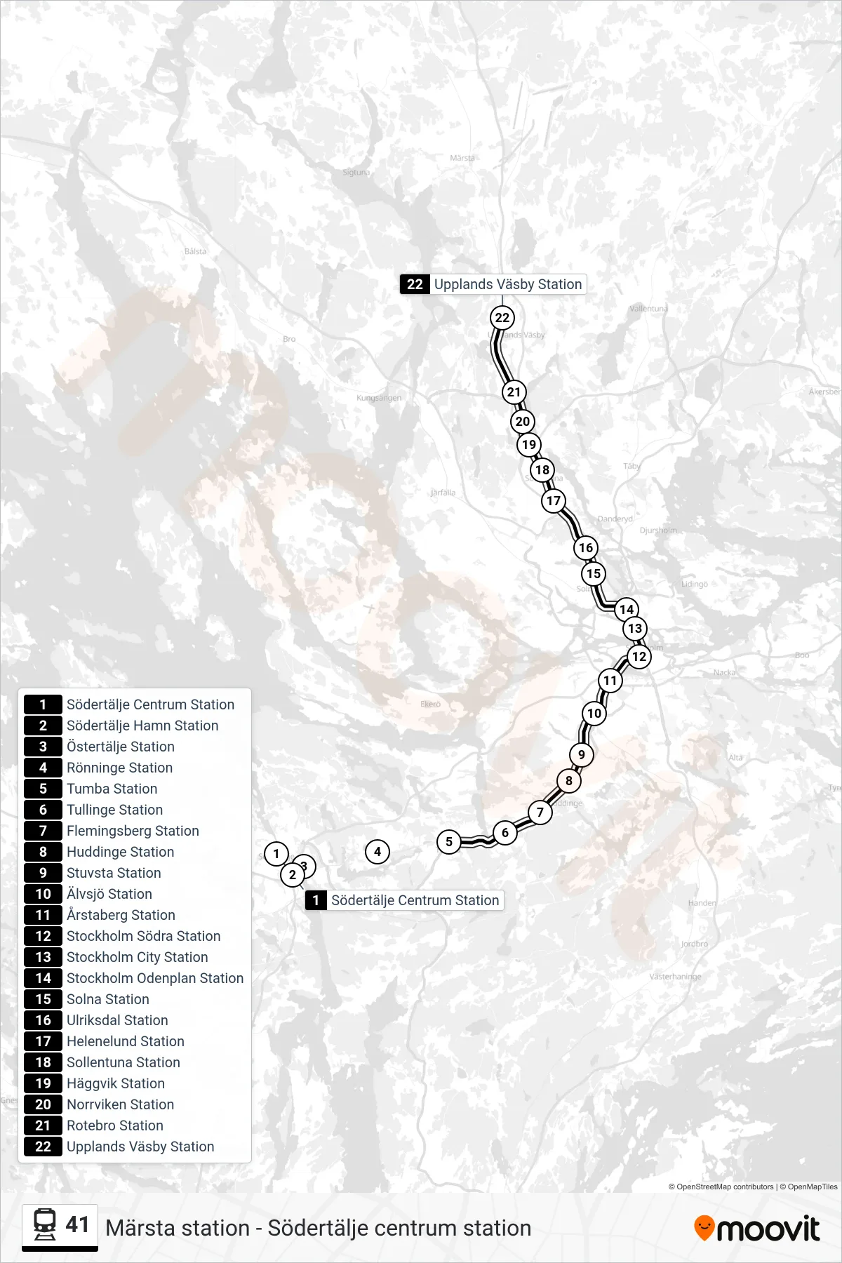 Rutt och hållplatser på karta för linje 41 tåg, (Upplands Väsby Station)