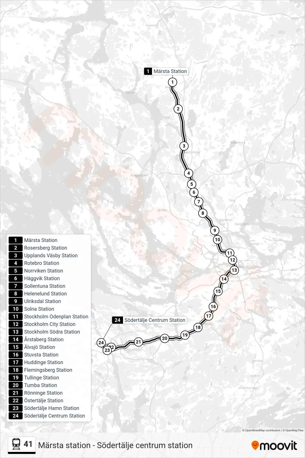 Rutt och hållplatser på karta för linje 41 järnväg, (Södertälje Centrum Station)