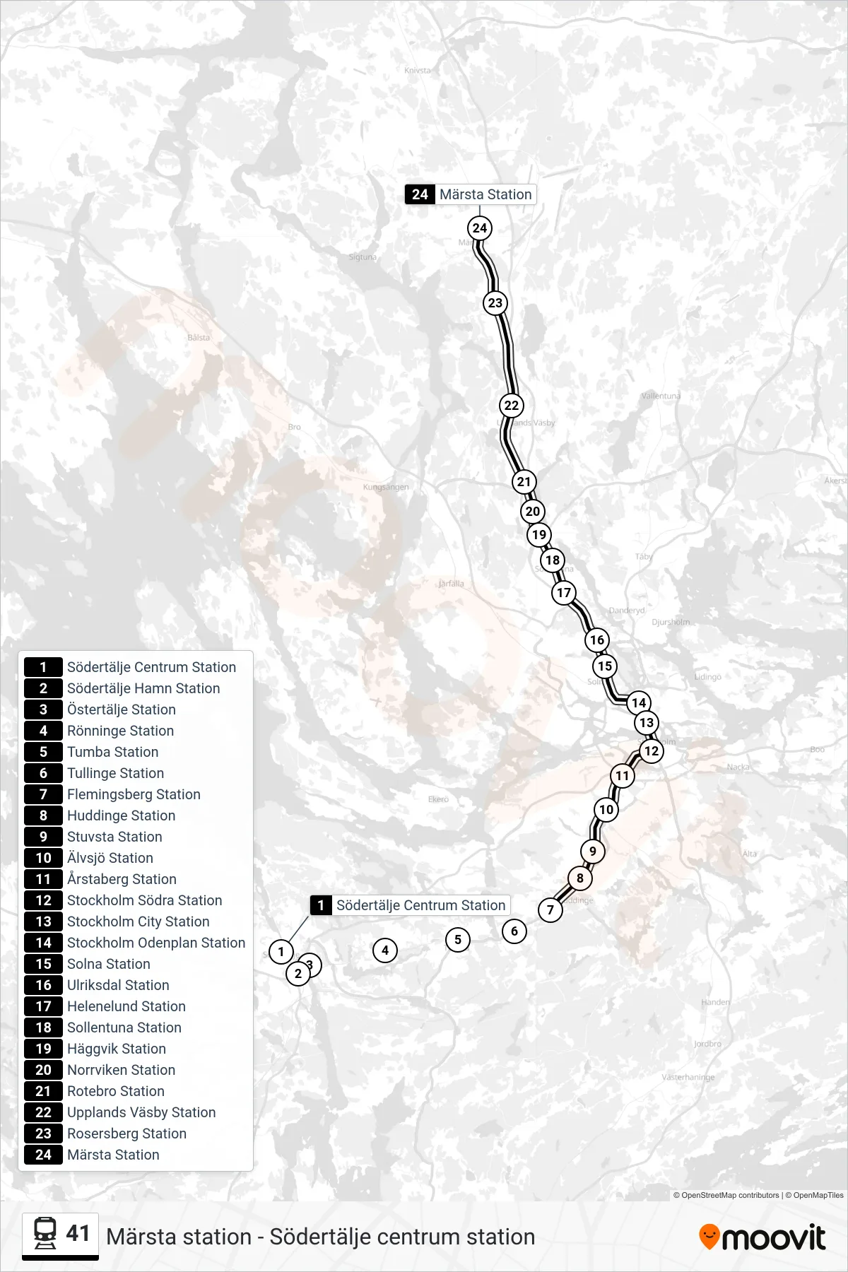 Rutt och hållplatser på karta för linje 41  järnväg, (Märsta Station)