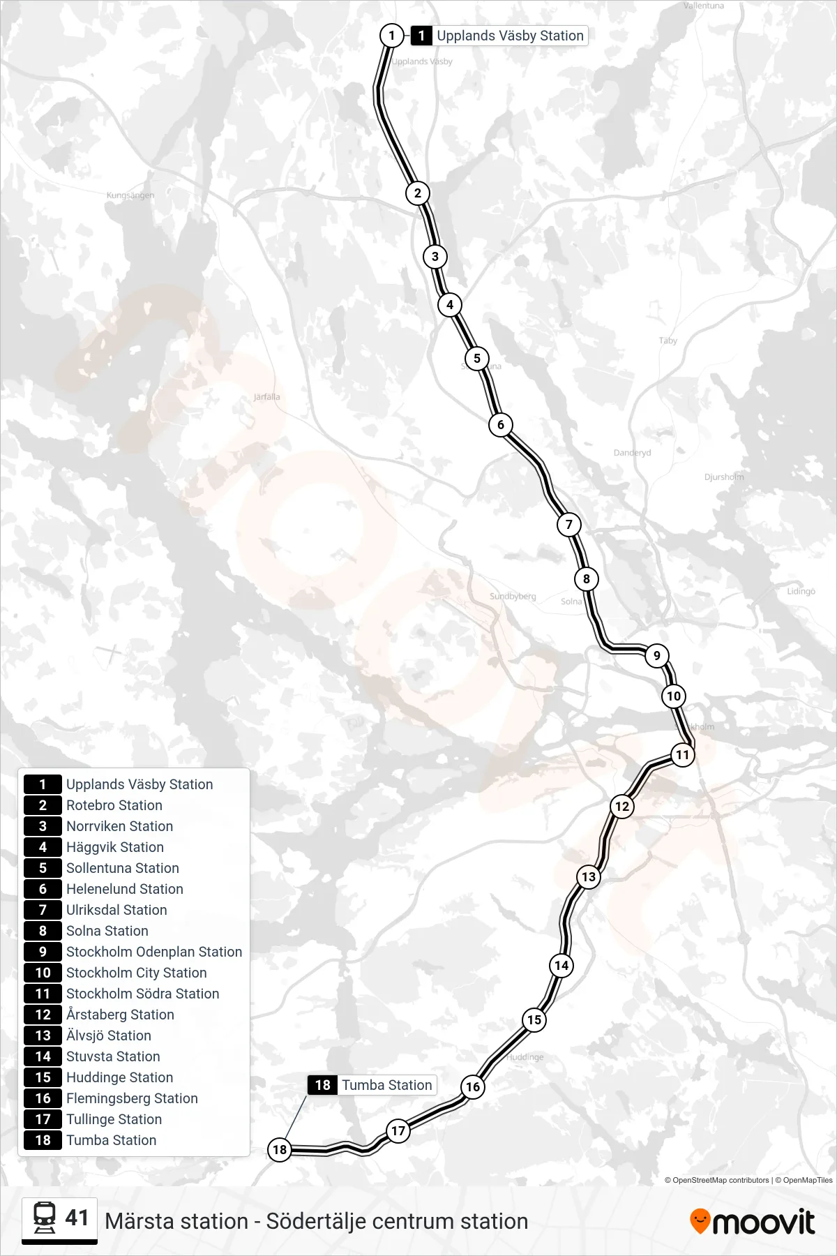 Rutt och hållplatser på karta för linje 41 järnväg, (Tumba Station)
