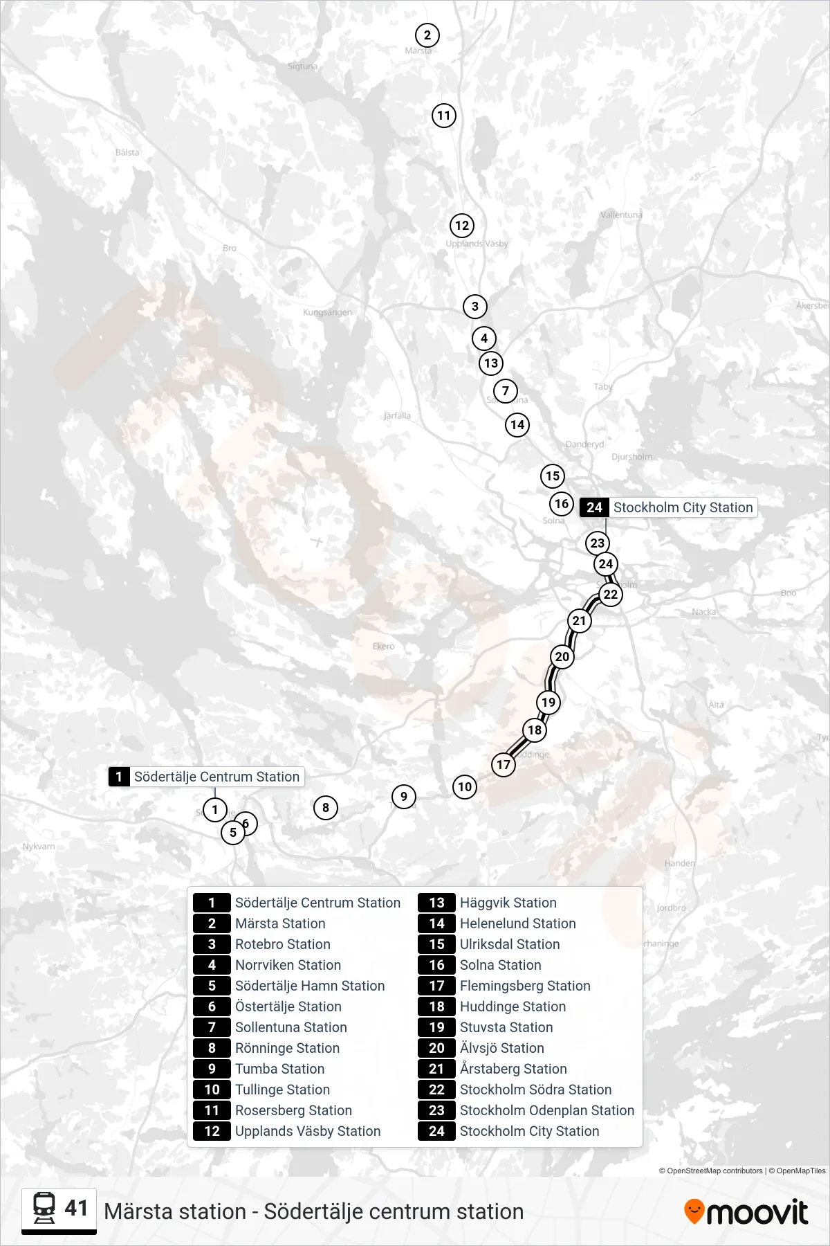 Rutt och hållplatser på karta för linje 41 tåg, (Stockholm City Station)