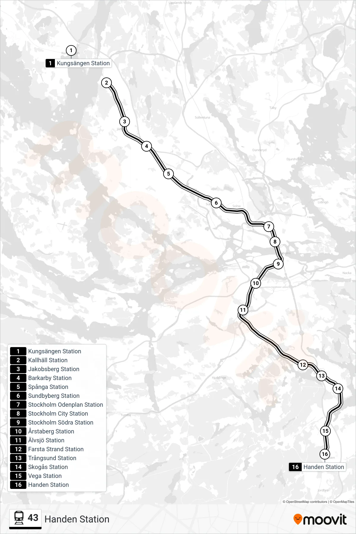 Rutt och hållplatser på karta för linje 43 tåg, (Handen Station)