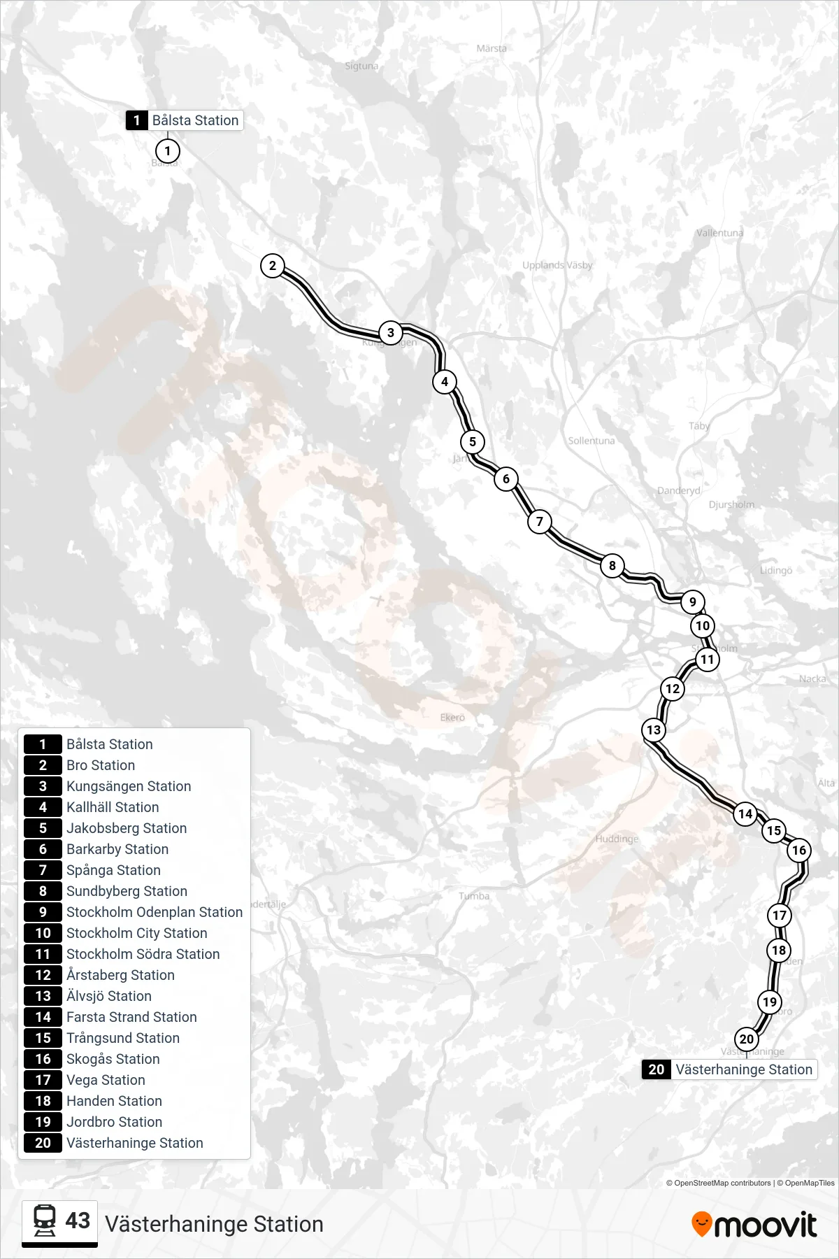 Rutt och hållplatser på karta för linje 43  tåg, (Västerhaninge Station)