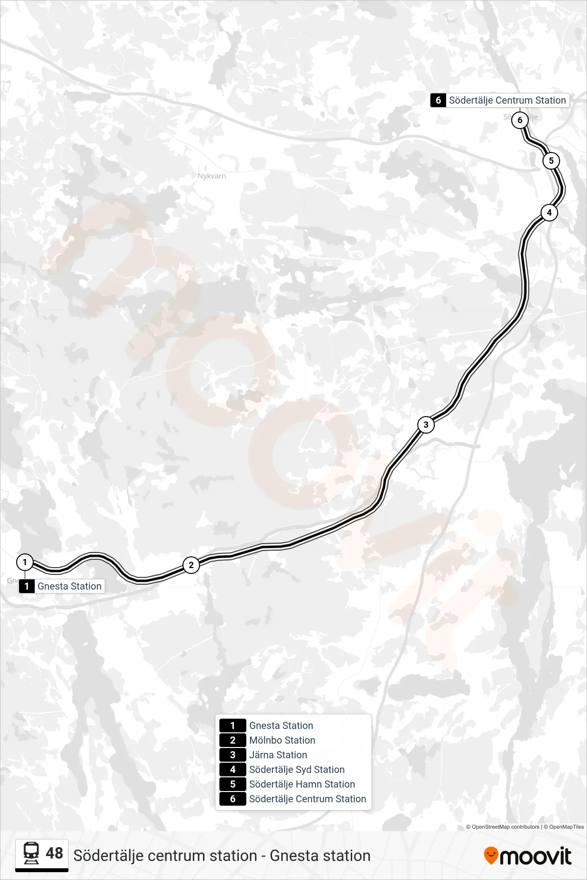 Rutt och hållplatser på karta för linje 48  tåg, (Södertälje Centrum Station)